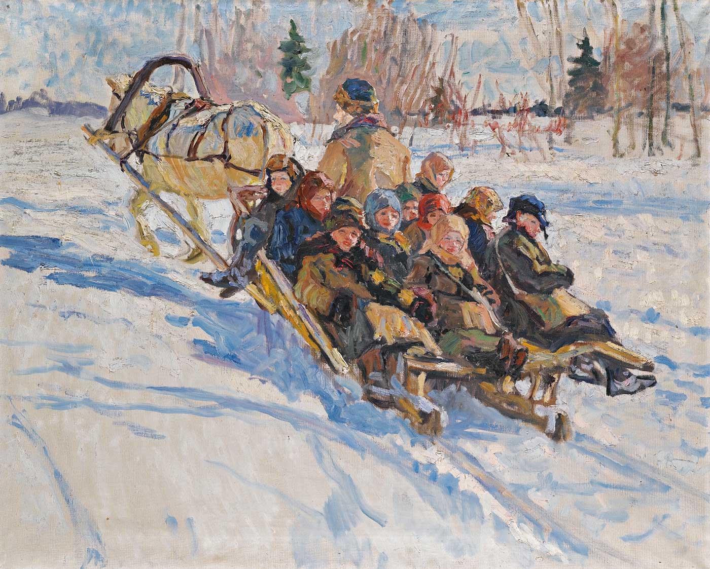 Nikolay Bogdanov-Belsky Children Riding in a Sleigh Art Print