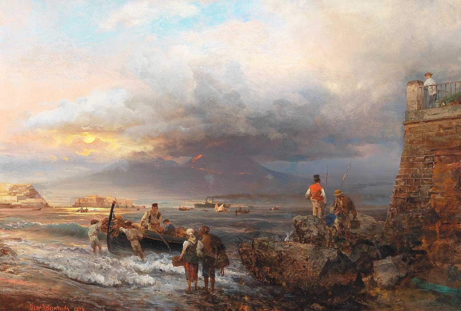 Oswald Achenbach Napoli Koyu ve Vezüv Yanardağı Kanvas Tablo