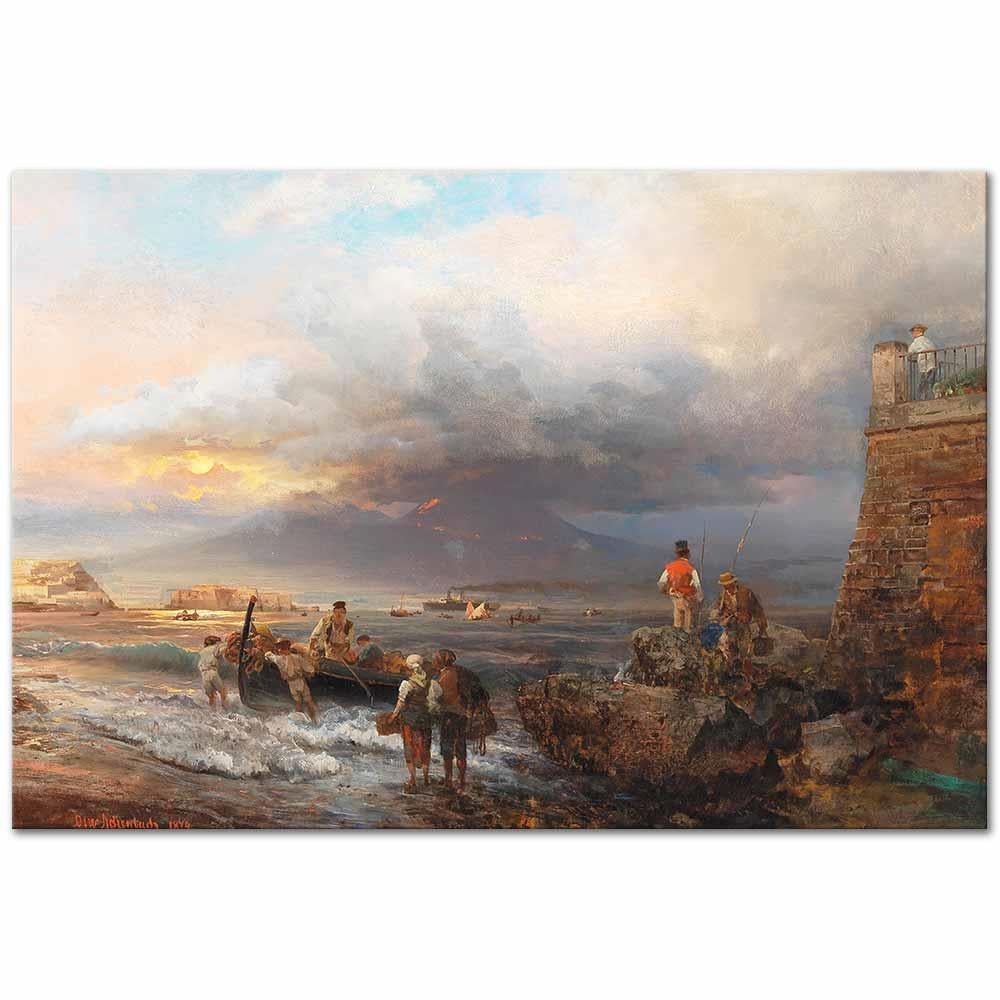 Oswald Achenbach Napoli Koyu ve Vezüv Yanardağı Kanvas Tablo