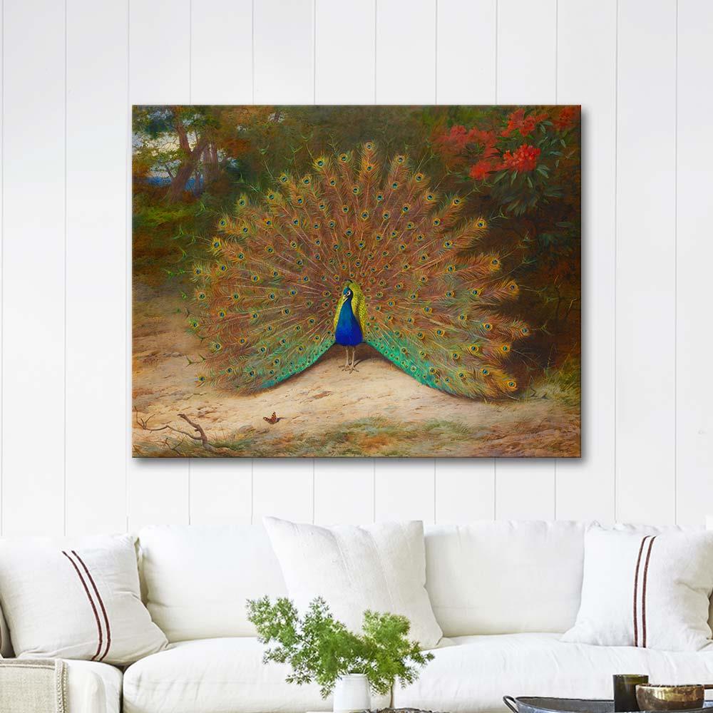 Peacock And Peacock Butterfly by Archibald Thorburn as Art Print