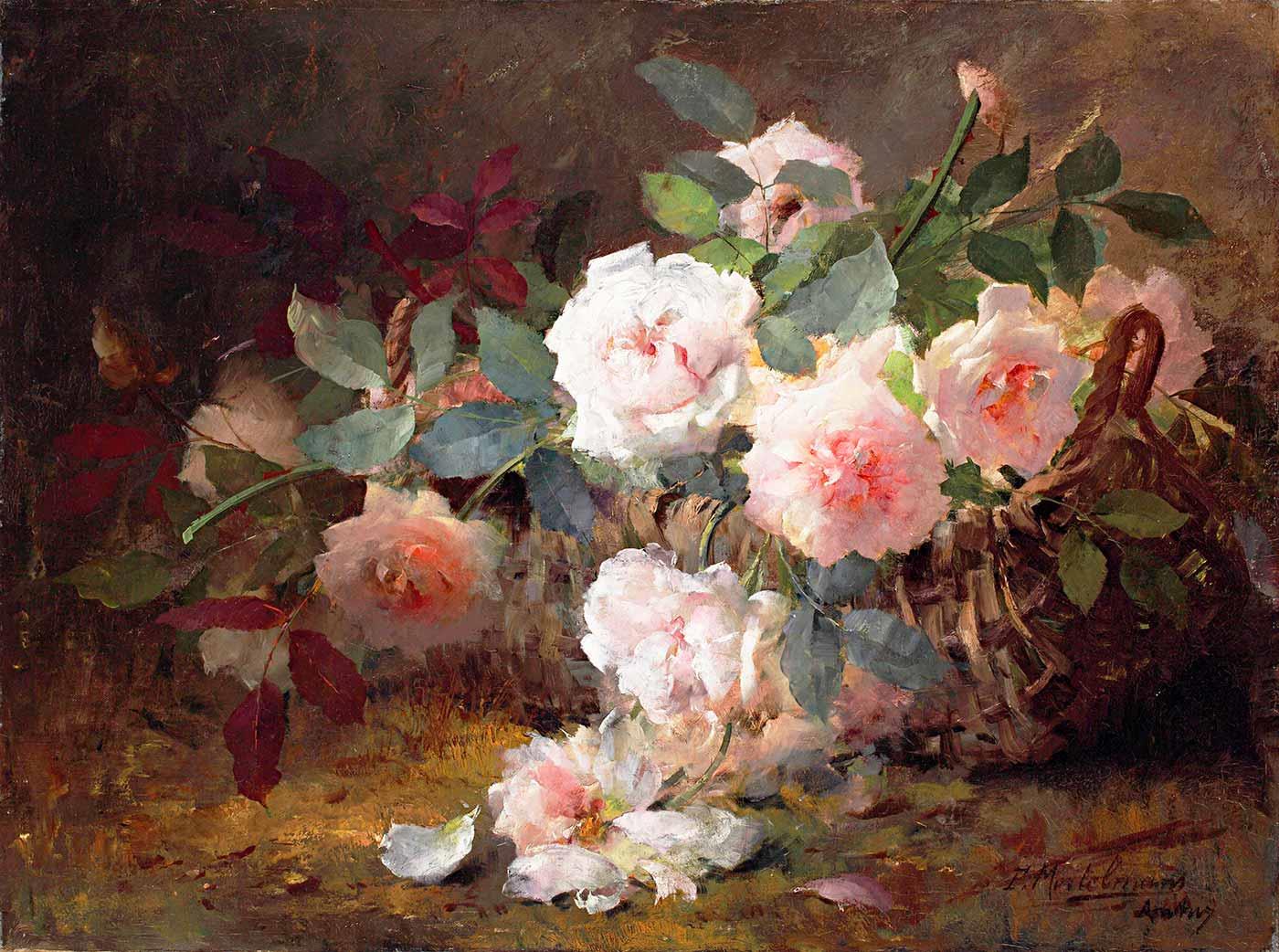 Pink Roses in a Basket by Frans Mortelmans as Art Print