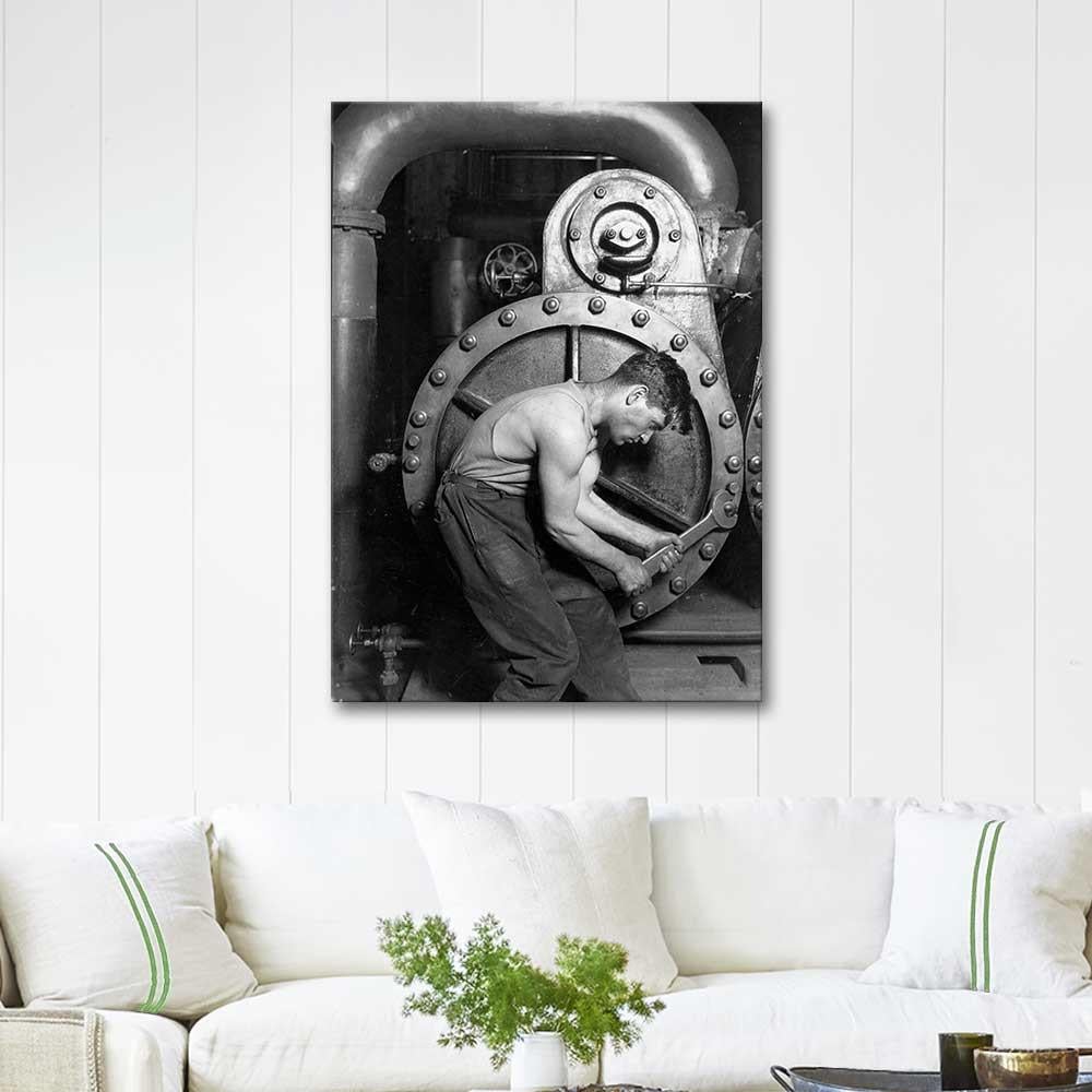 Power House Mechanic Working on Steam Pump by Lewis Hine as Art Print