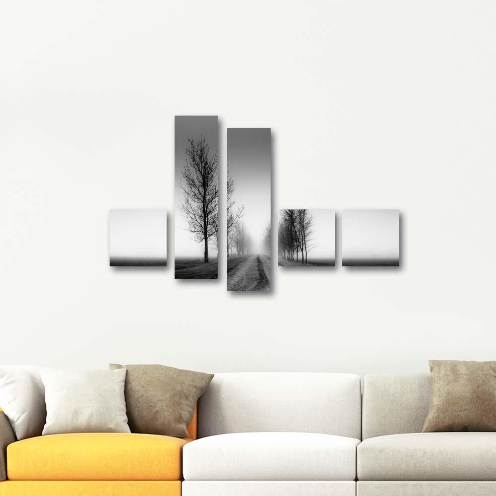 Puslu Havada Ağaçlar 5 Parçalı Set Kanvas Tablo