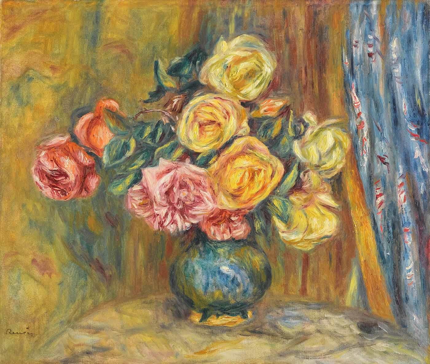 Roses in Front of a Blue Curtain by Pierre Auguste Renoir