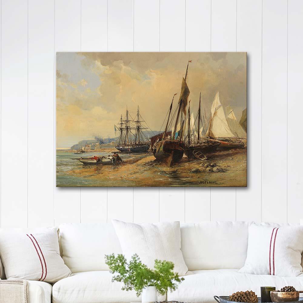 Jules Achille Noël Bretonya Sahilinde Yelkenliler ve Balıkçı Tekneleri Kanvas Tablo