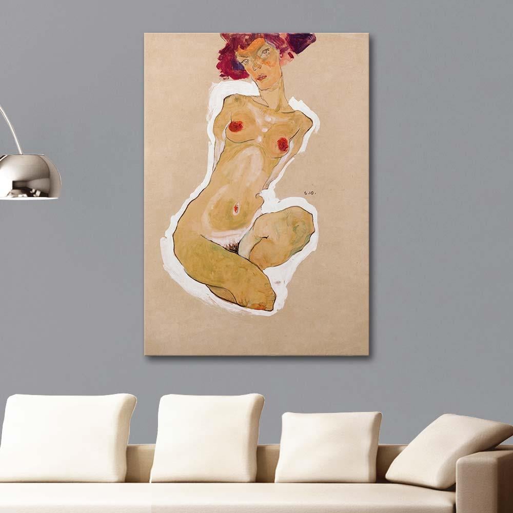 Squatting Female Nude by Egon Schiele as Art Print