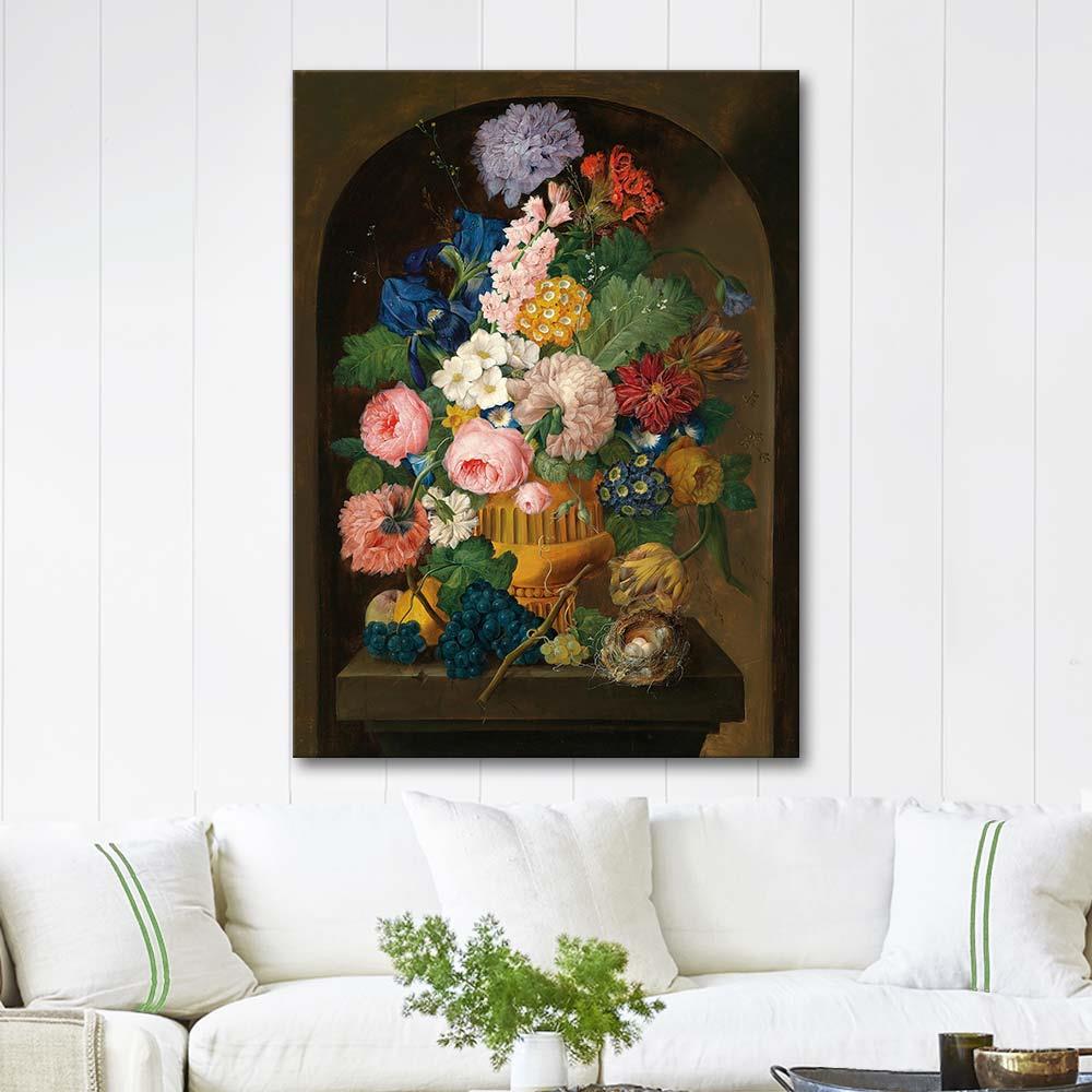 Johann Baptist Drechsler Kuş Yuvası ile Çiçekli Natürmort Kanvas Tablo