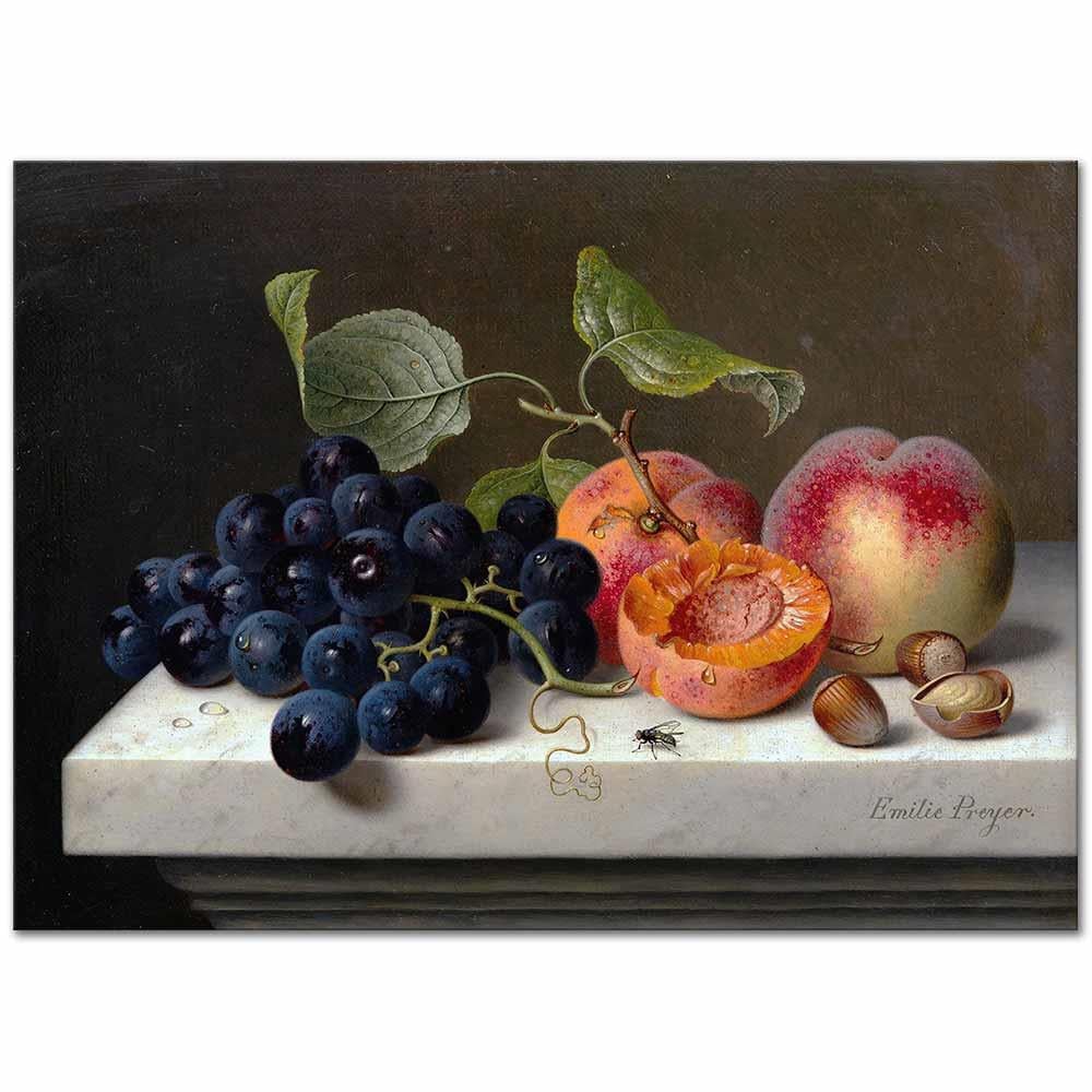 Still Life of Fruits with Grapes, Peaches and Nuts by Emilie Preyer as Art Print