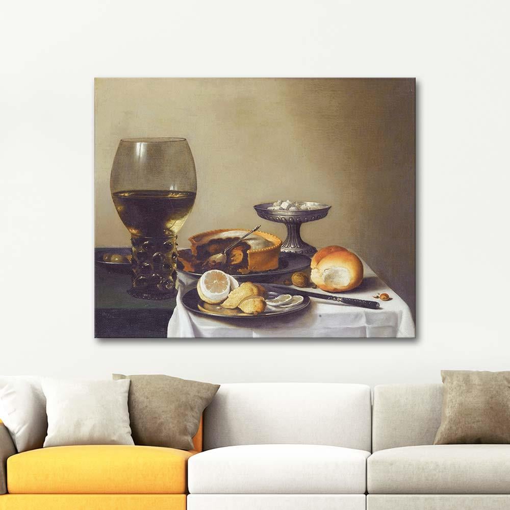 Still Life with a Glass of Wine Lemon and Cake by Pieter Claesz as Art Print