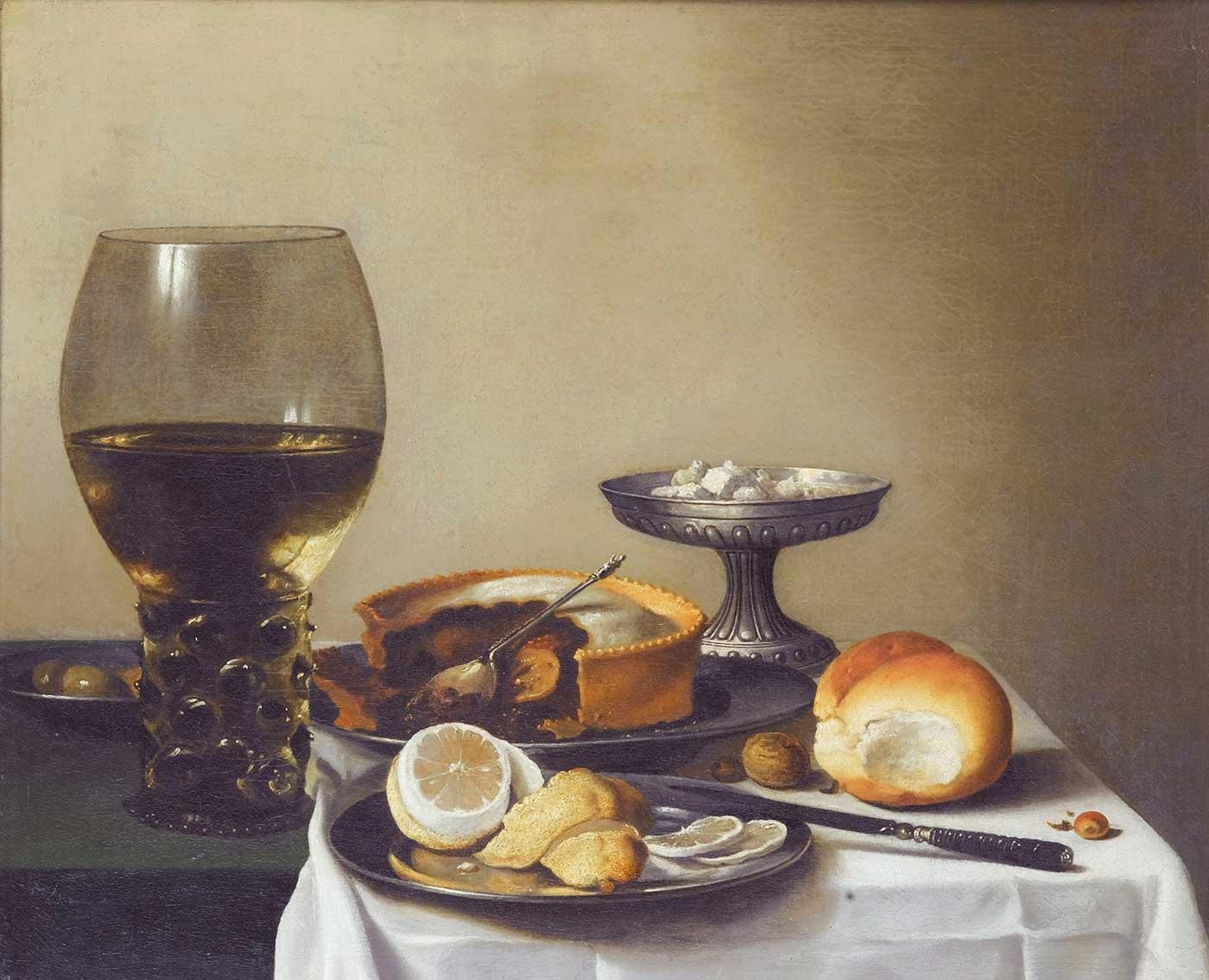 Still Life with a Glass of Wine Lemon and Cake by Pieter Claesz as Art Print