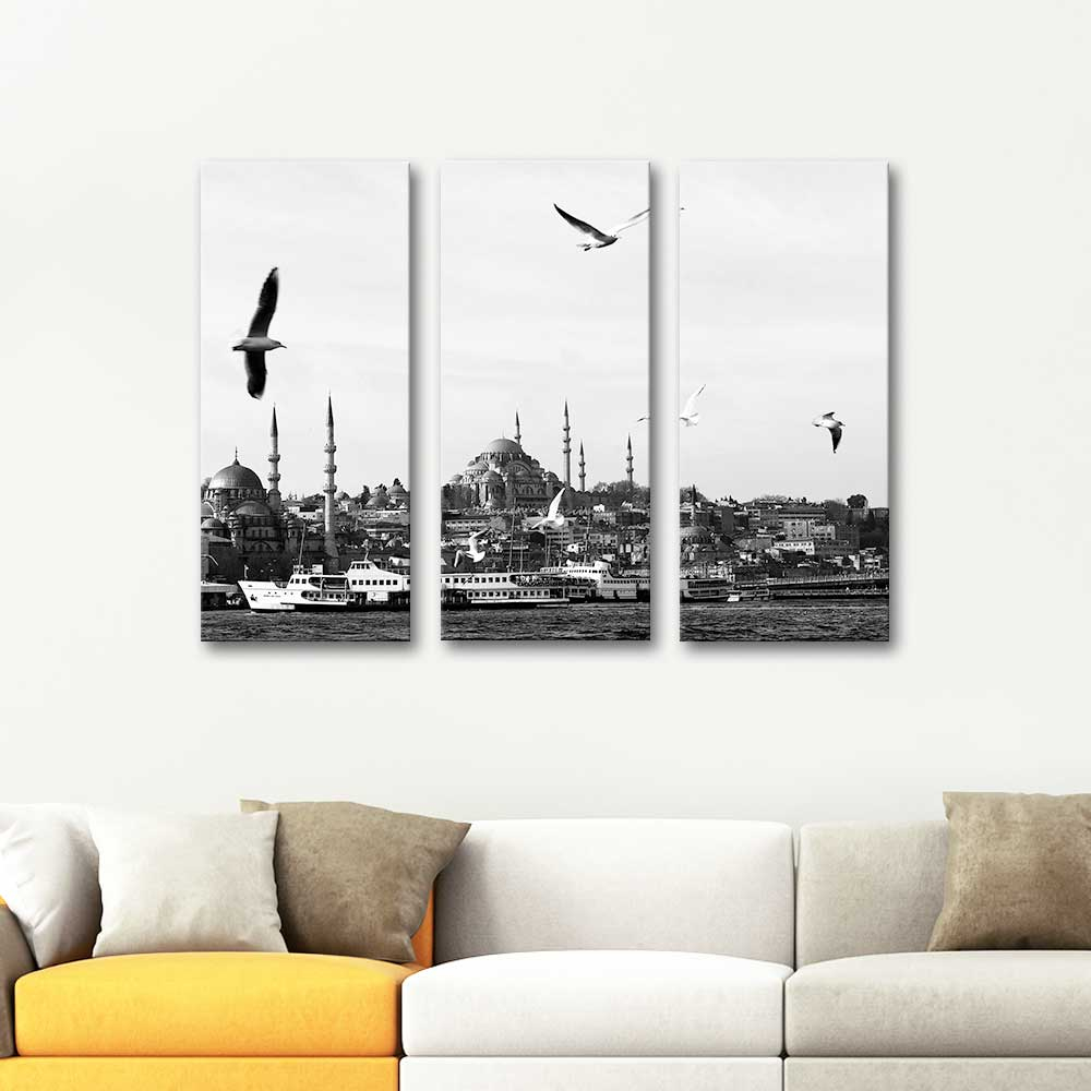 Suleymaniye Mosque From Golden Horn 3 Pieces Canvas Set Art Print