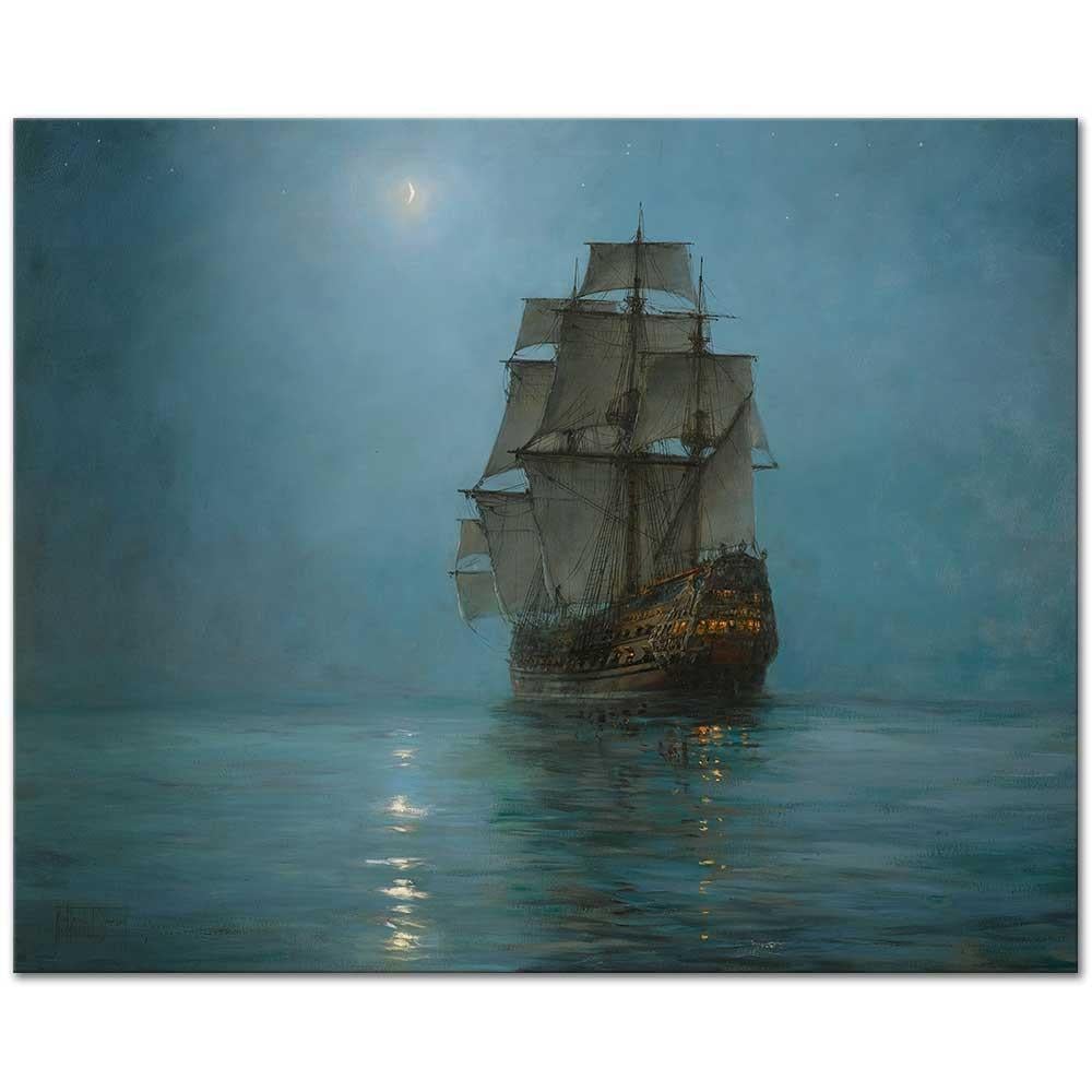 Montague Dawson Hilalli Gecede Yelkenli Kanvas Tablo