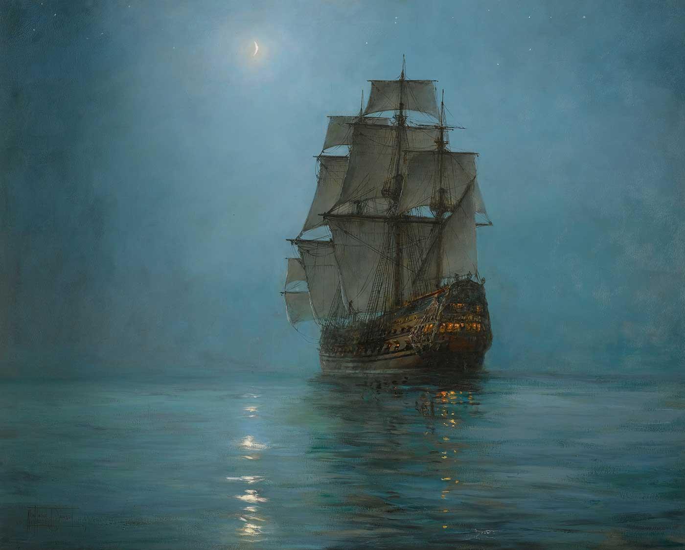 Montague Dawson Hilalli Gecede Yelkenli Kanvas Tablo