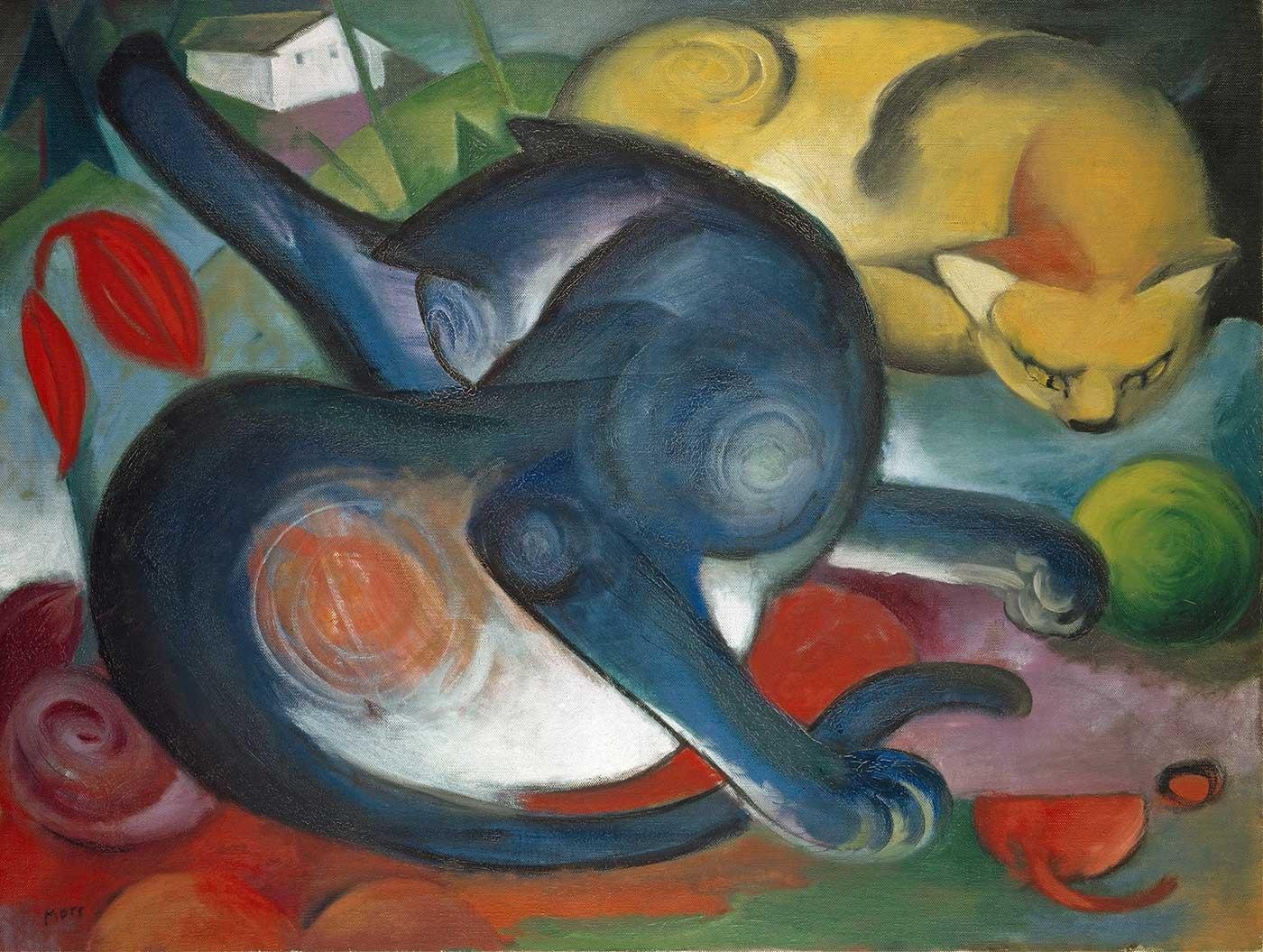 Franz Marc İki Kedi Mavi ve Sarı Kanvas Tablo
