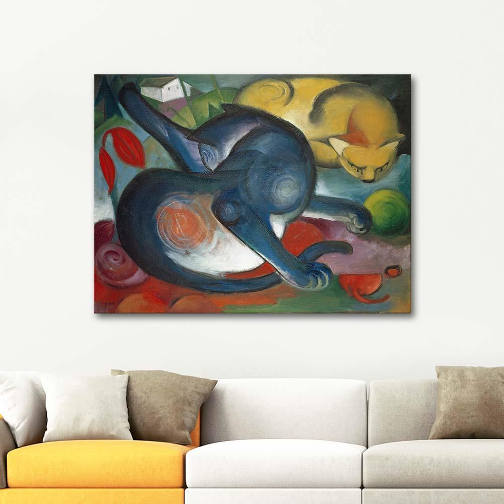 Franz Marc İki Kedi Mavi ve Sarı Kanvas Tablo