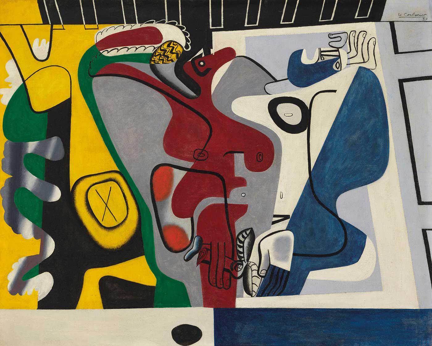 Two Figures with Yellow Tree Trunk by Le Corbusier as Art Print