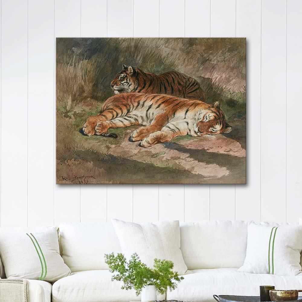 Rosa Bonheur Yatan İki Kaplan Kanvas Tablo