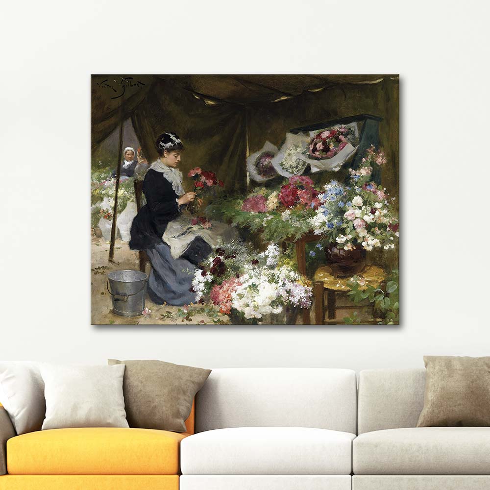 Victor Gabriel Gilbert A Flower Seller Making Her Bouquets Art Print