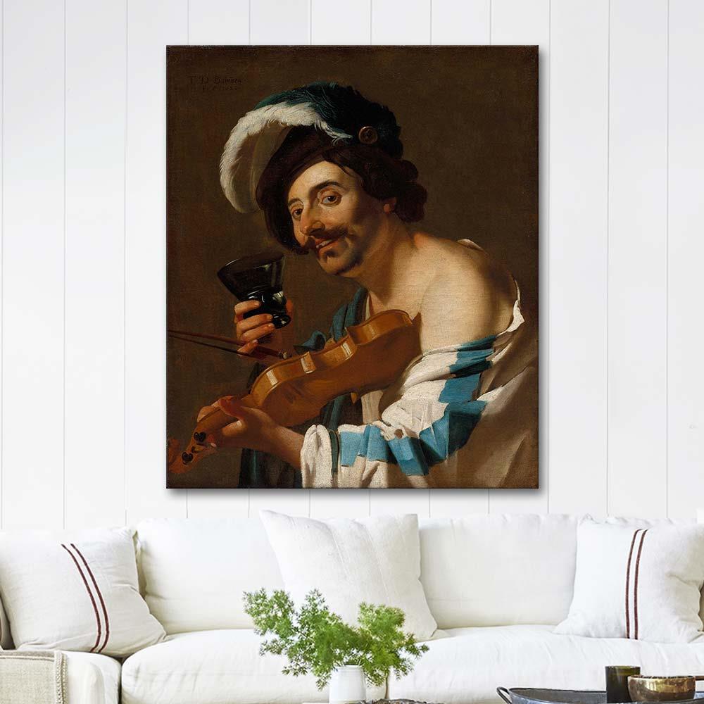 Dirck van Baburen Elinde Şarap Bardağı ile Kemancı Kanvas Tablo