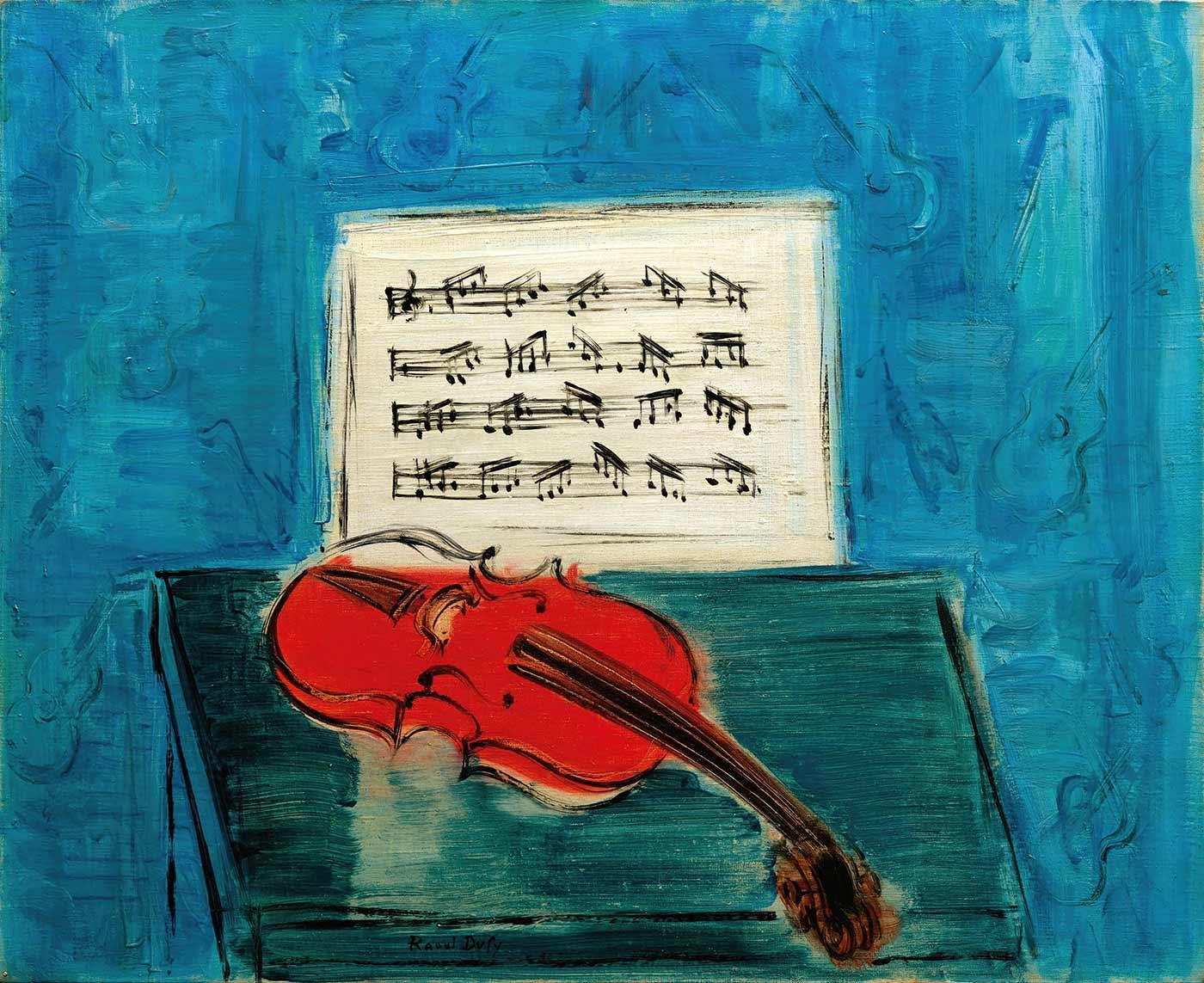 Violon rouge sur fond bleu by Raoul Dufy