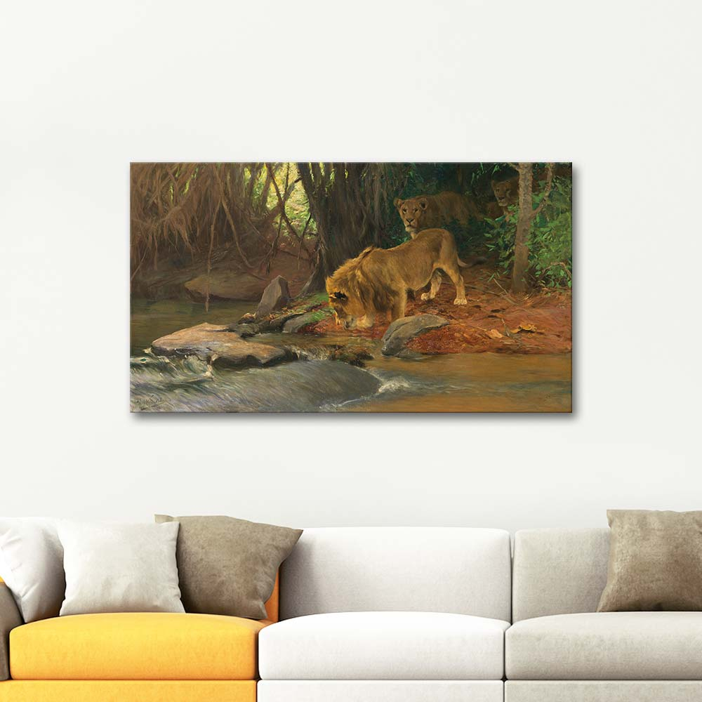 Wilhelm Kuhnert Lions At The Jungle Stream Art Print