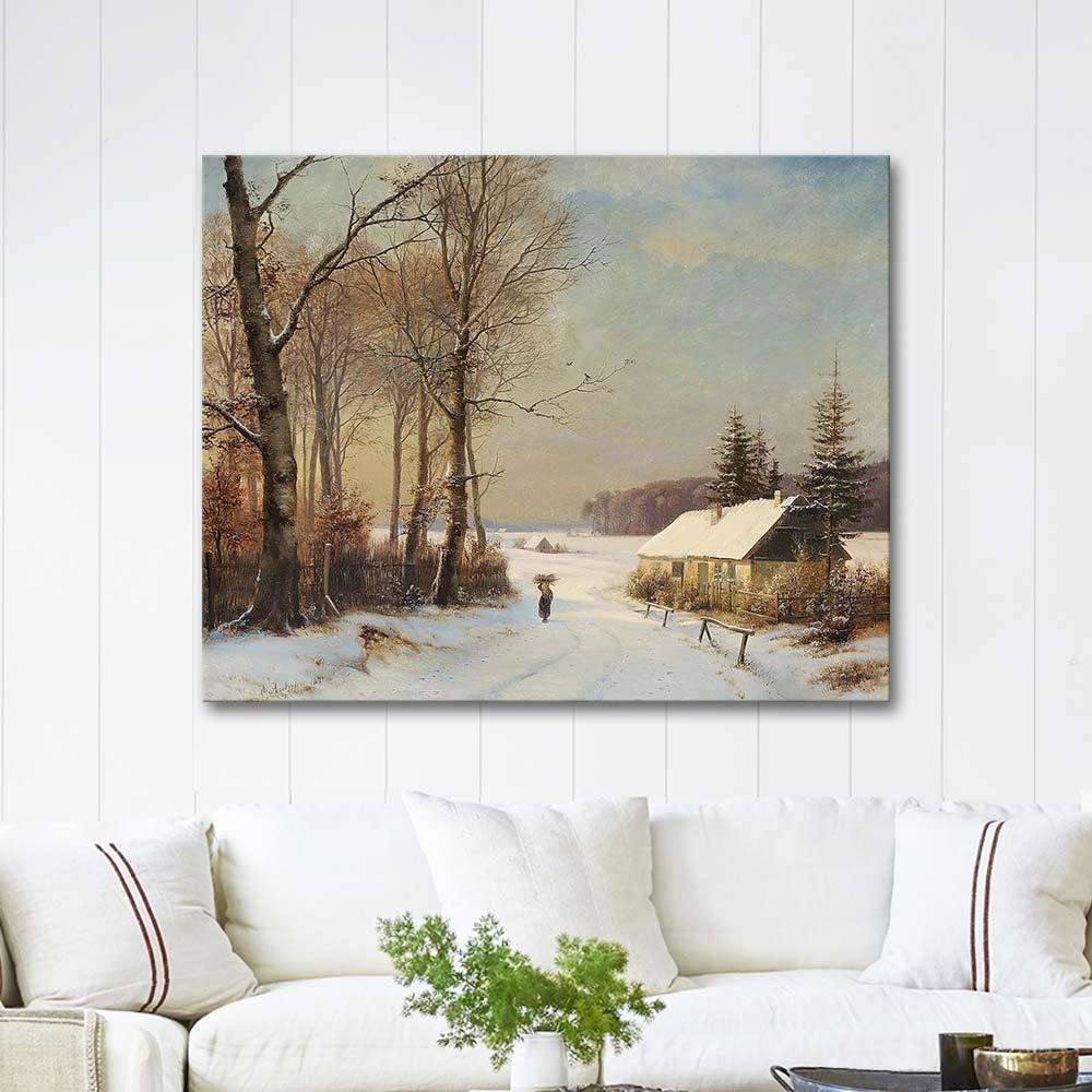 Anders Andersen-Lundby Bir Evin Yanından Geçen Bir Kadın ve Kış Manzarası Kanvas Tablo