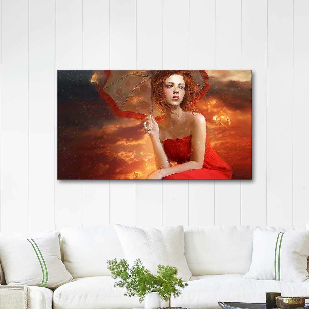 Woman in Red Dress with Umbrella as Art Print
