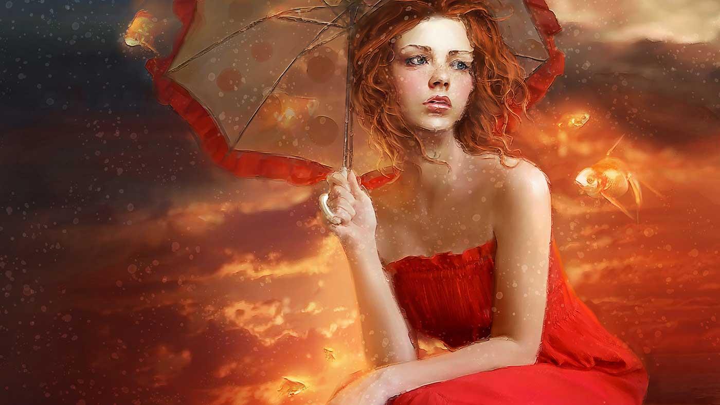 Woman in Red Dress with Umbrella as Art Print