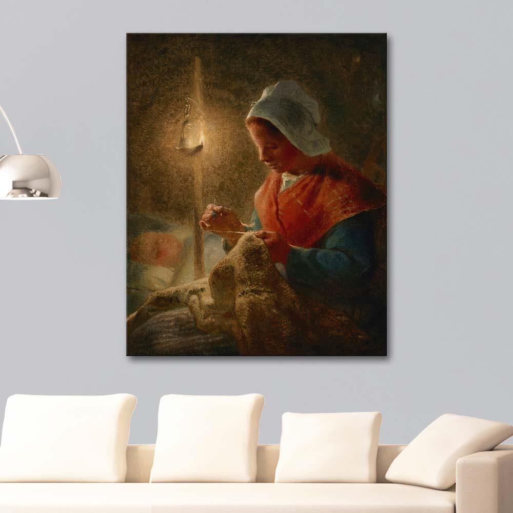Woman Sewing by Lamplight by Jean-François Millet as Art Print