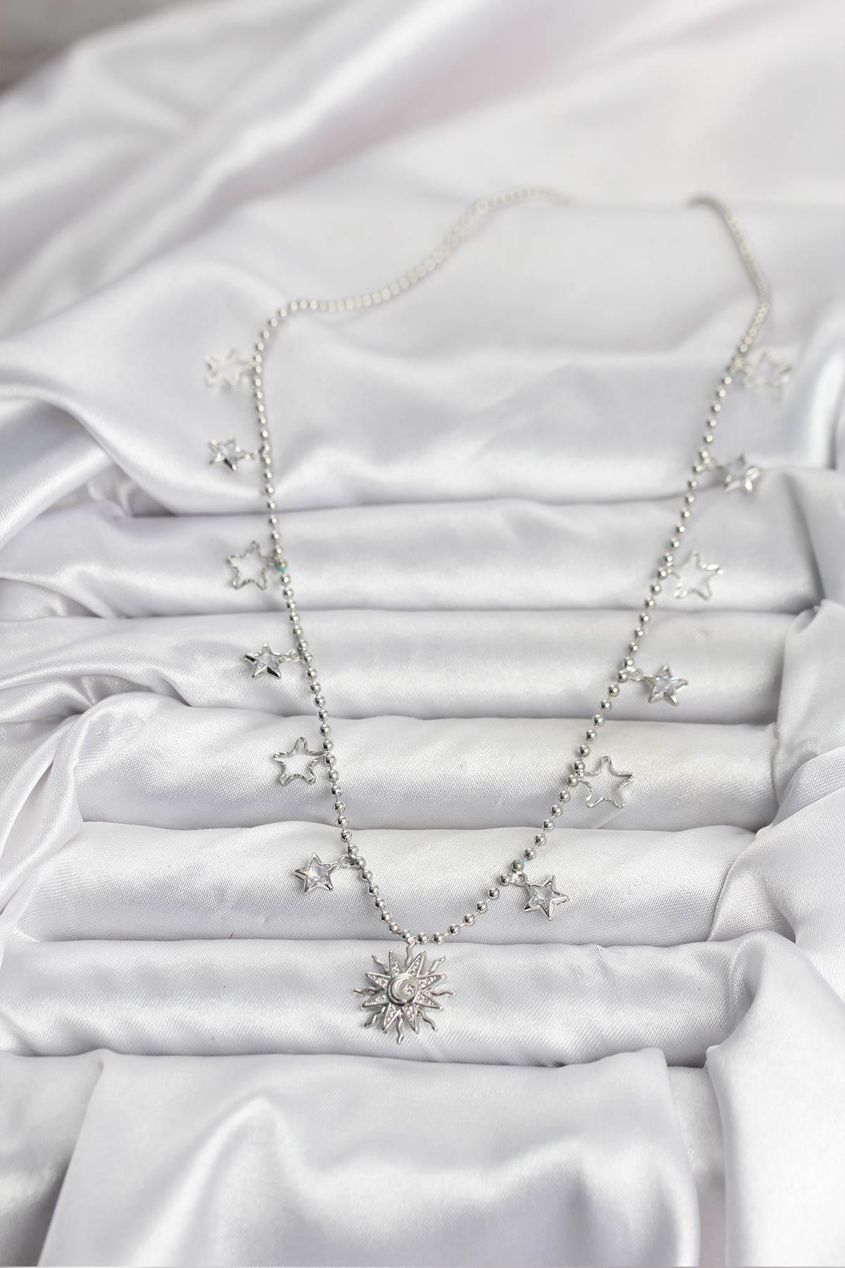 Pirinç Gümüş Renk Güneş Model Kadın Kolye