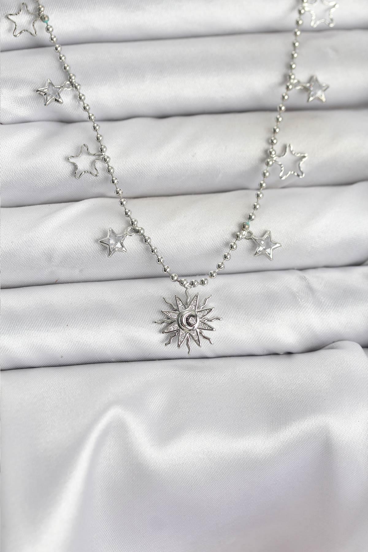 Pirinç Gümüş Renk Güneş Model Kadın Kolye