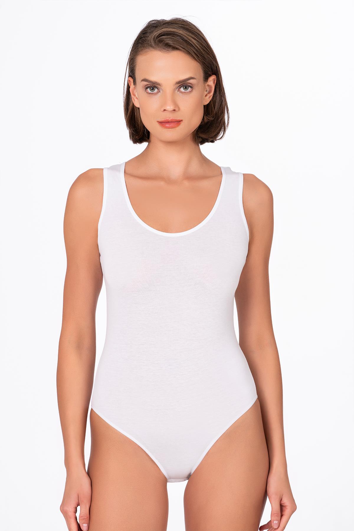  Kadın Çıtçıtlı Biyeli Kalın Askılı Body Beyaz | K0602