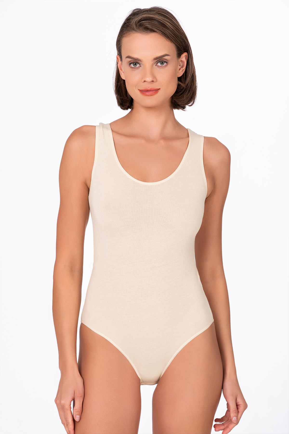  Kadın Çıtçıtlı Biyeli Kalın Askılı Body Ten | K0602 