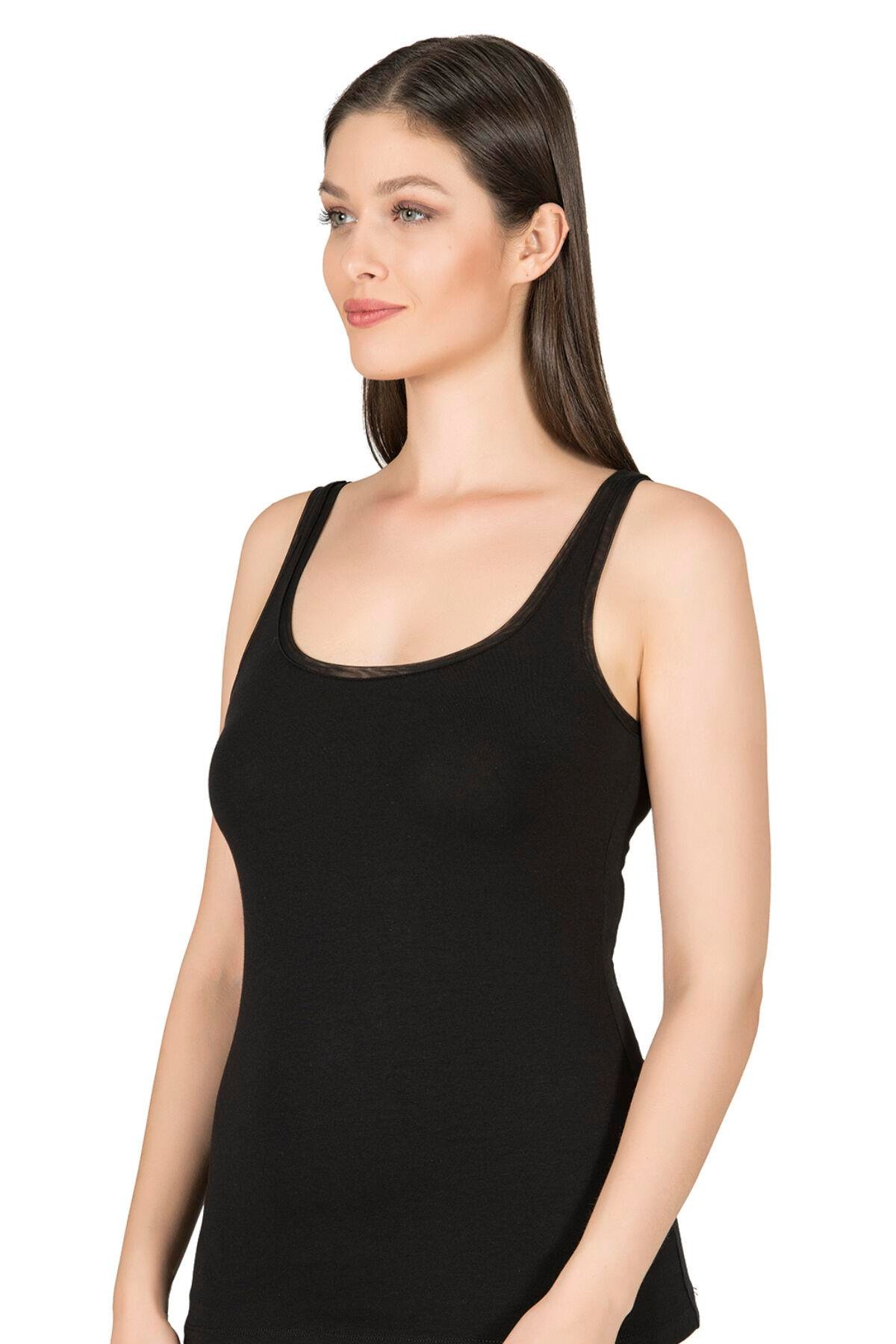  Kadın Modal Likralı Tül Biyeli Atlet Siyah | K25493 