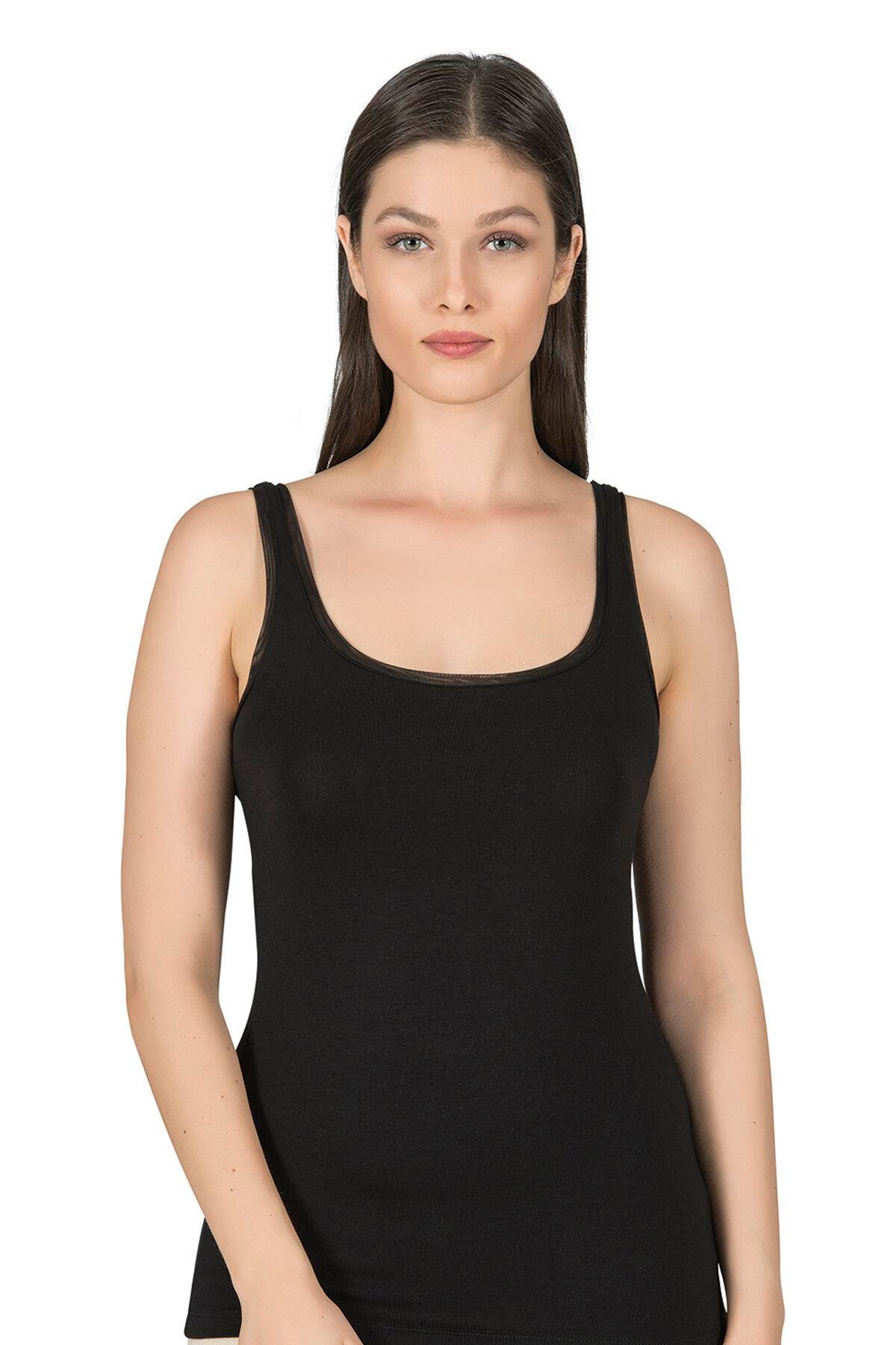  Kadın Modal Likralı Tül Biyeli Atlet Siyah | K25493 