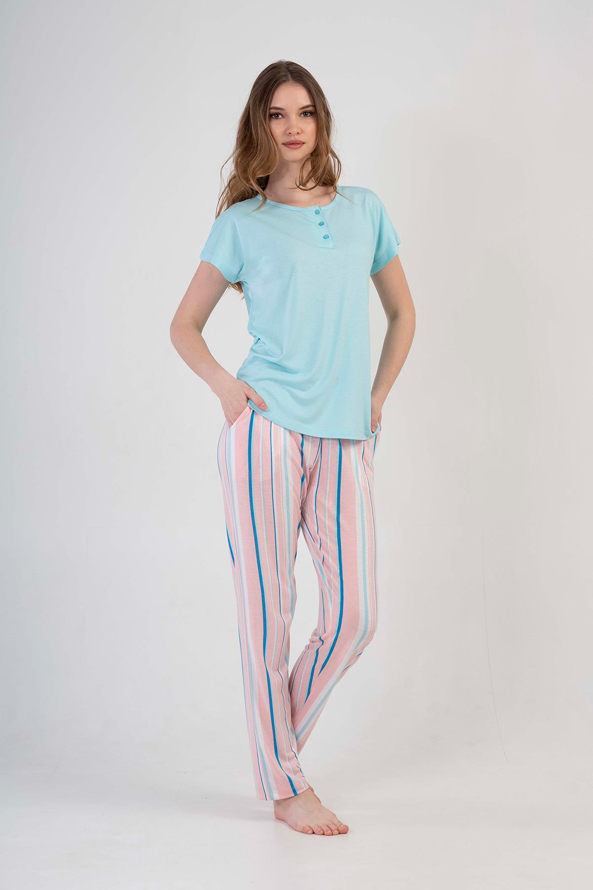  Kadın Patlı Kısa Kol Altı Uzun Pijama Takım | Kompedan 2100963763 