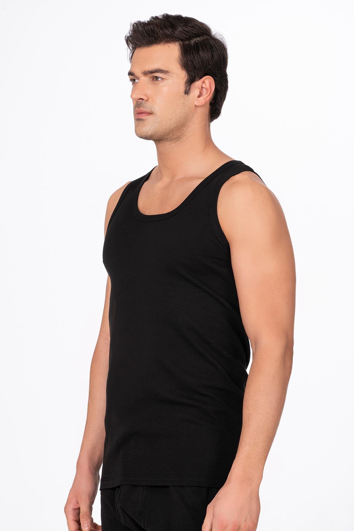 3'lü Paket Pamuklu Ribana Kalın Askılı Erkek Atlet | Siyah K0113