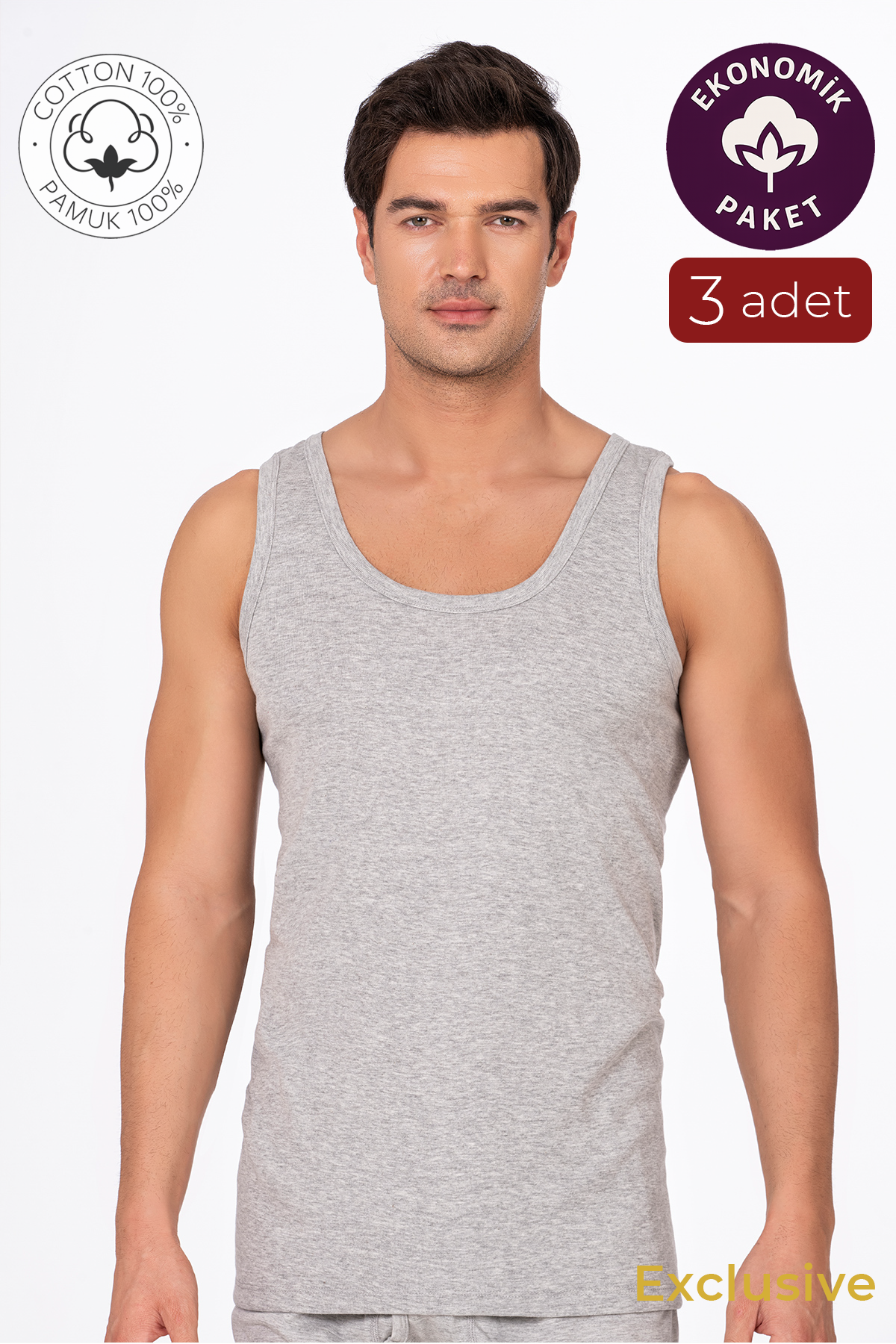 3'lü Paket Pamuklu Ribana Kalın Askılı Erkek Atlet | Gri K0113