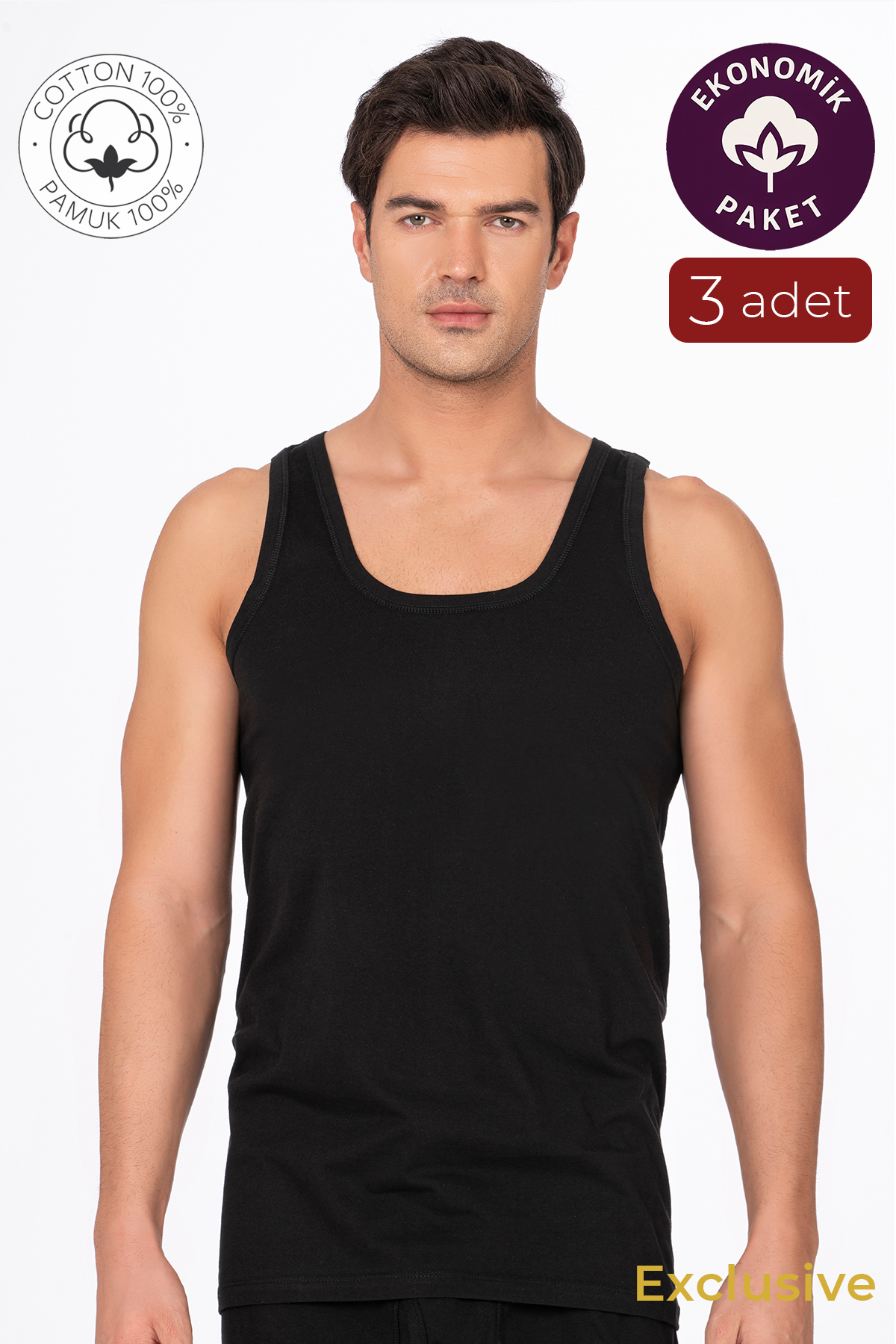 3'lü Paket Pamuklu Süprem Kalın Askılı Klasik Erkek Atlet | Siyah K0050