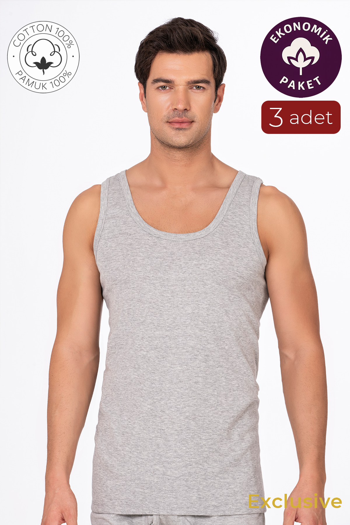 3'lü Paket Pamuklu Süprem Kalın Askılı Klasik Erkek Atlet | Gri K0050