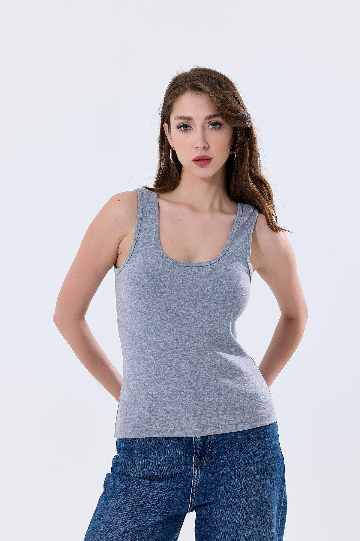 Basic Ekstra Yumusak Atlet Tişört | Gri Melanj 27119