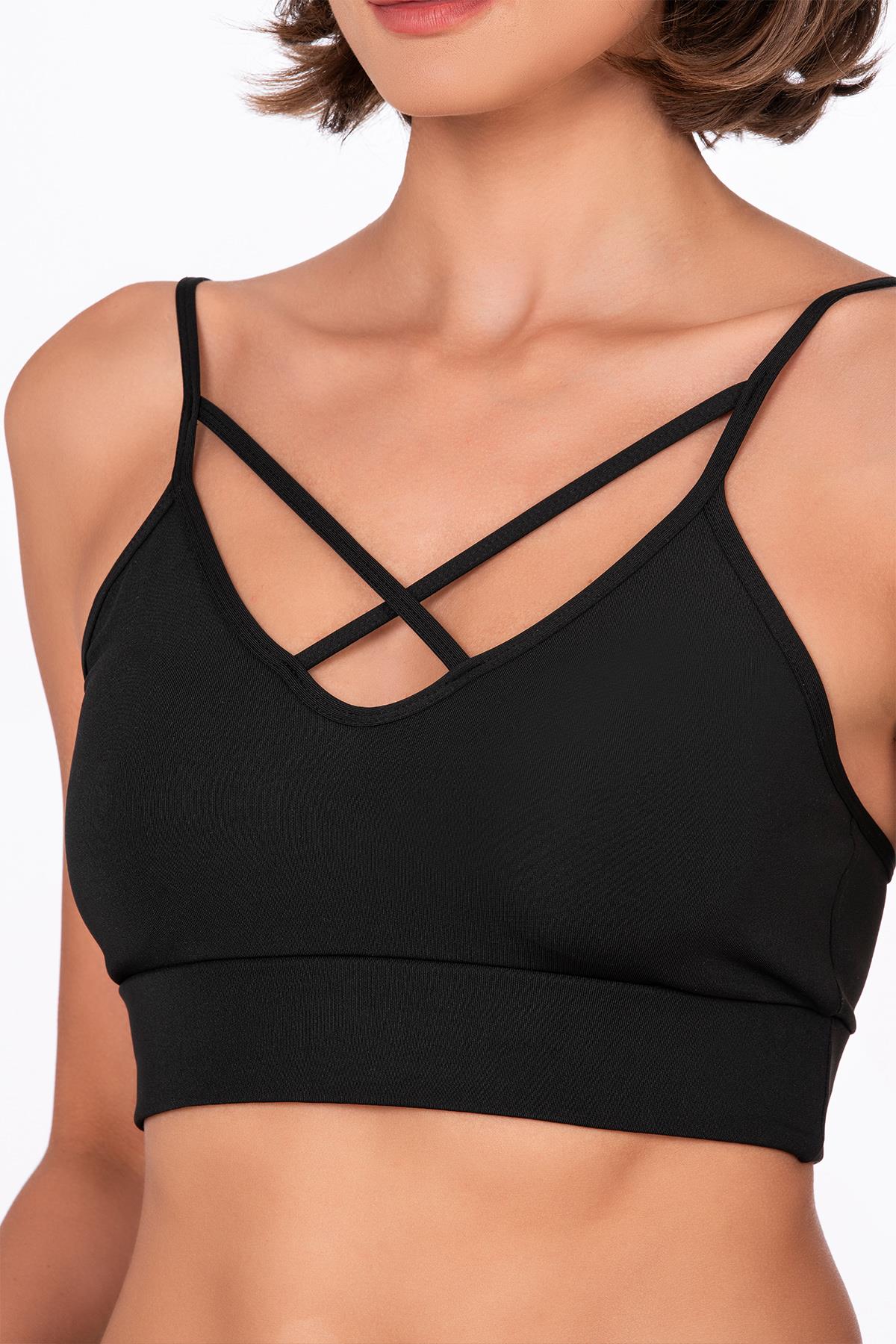 Çapraz İp Detaylı İnce Askı Sporcu Sütyen | Siyah