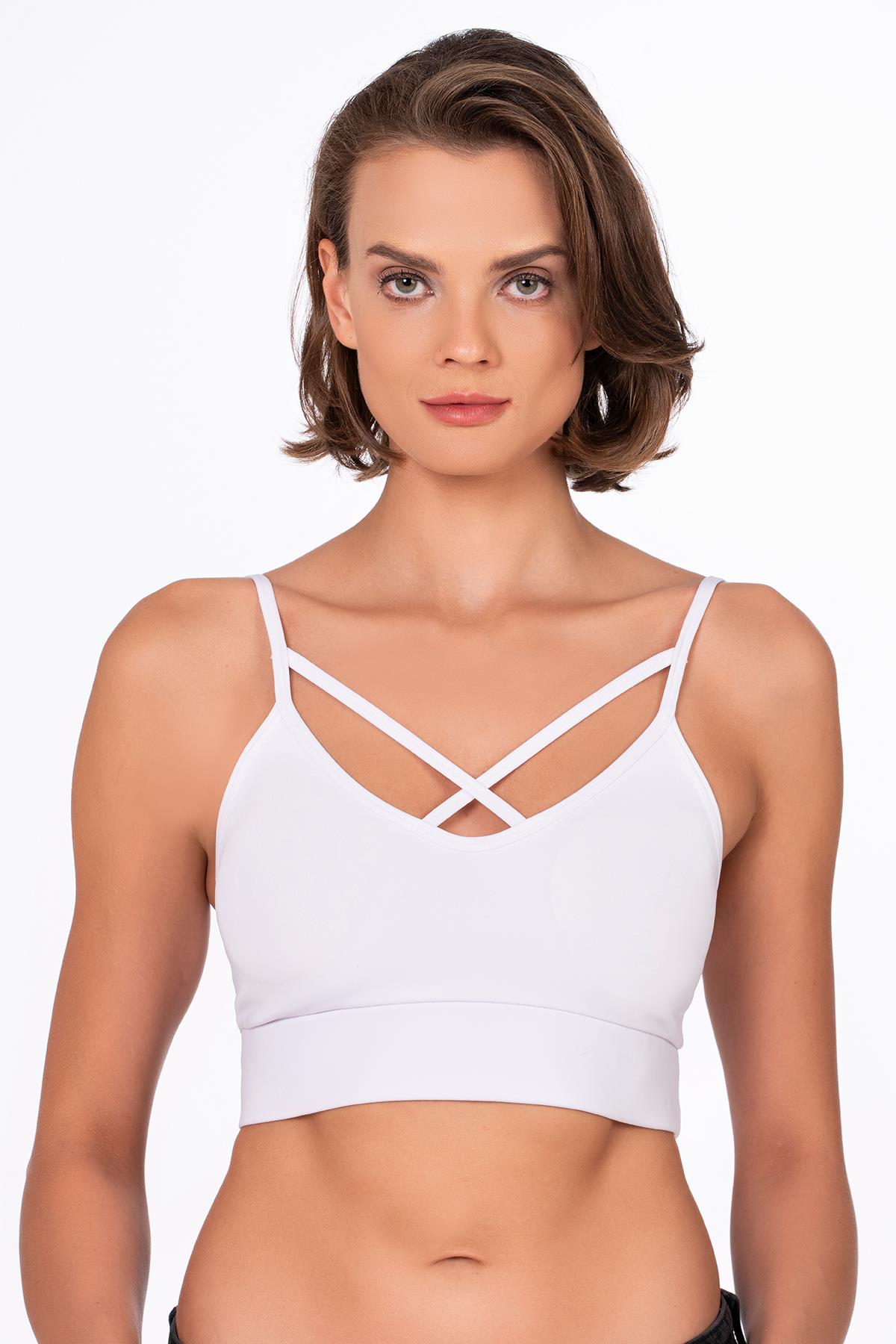 Çapraz İp Detaylı İnce Askı Sporcu Sütyen | Beyaz 