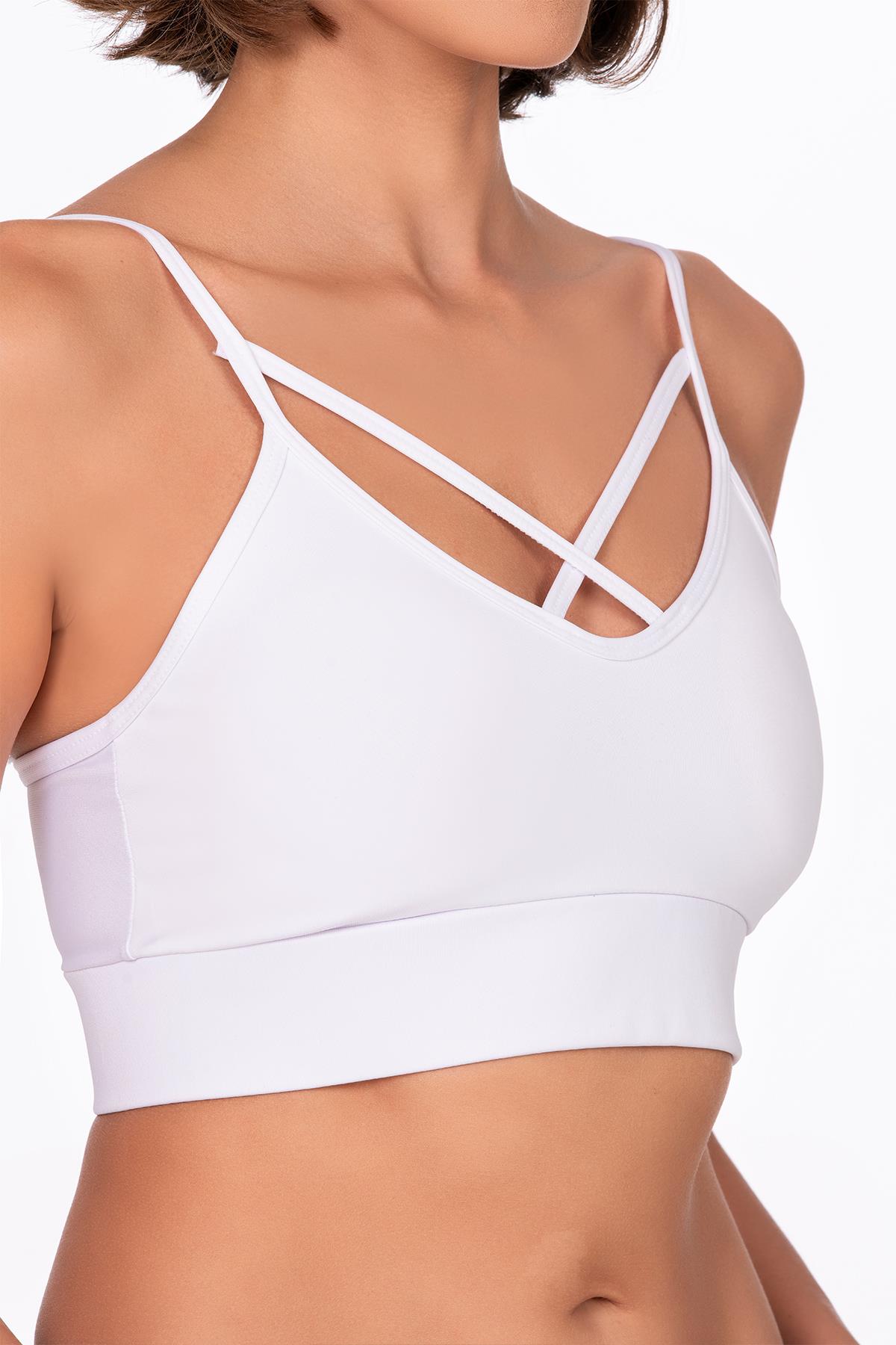 Çapraz İp Detaylı İnce Askı Sporcu Sütyen | Beyaz 