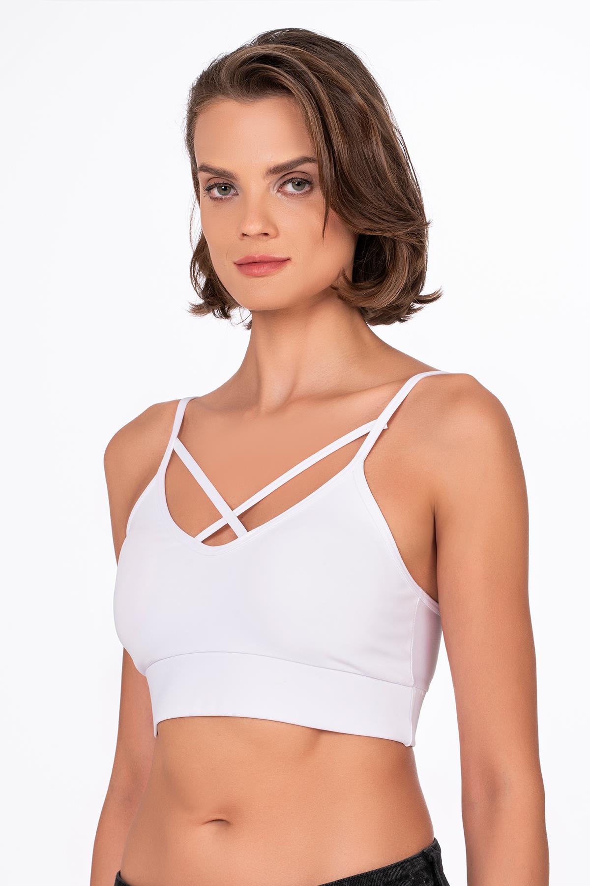 Çapraz İp Detaylı İnce Askı Sporcu Sütyen | Beyaz 