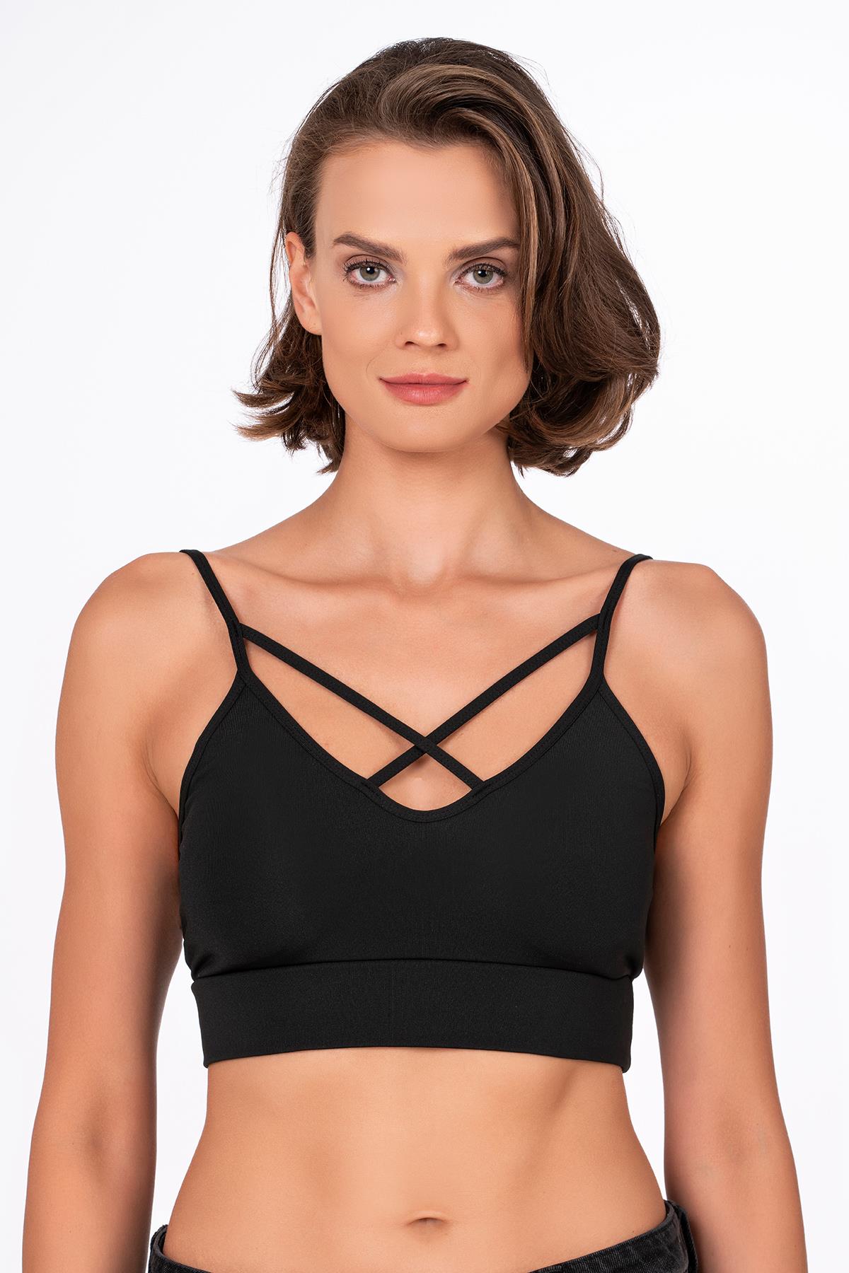 Çapraz İp Detaylı İnce Askı Sporcu Sütyen | Siyah