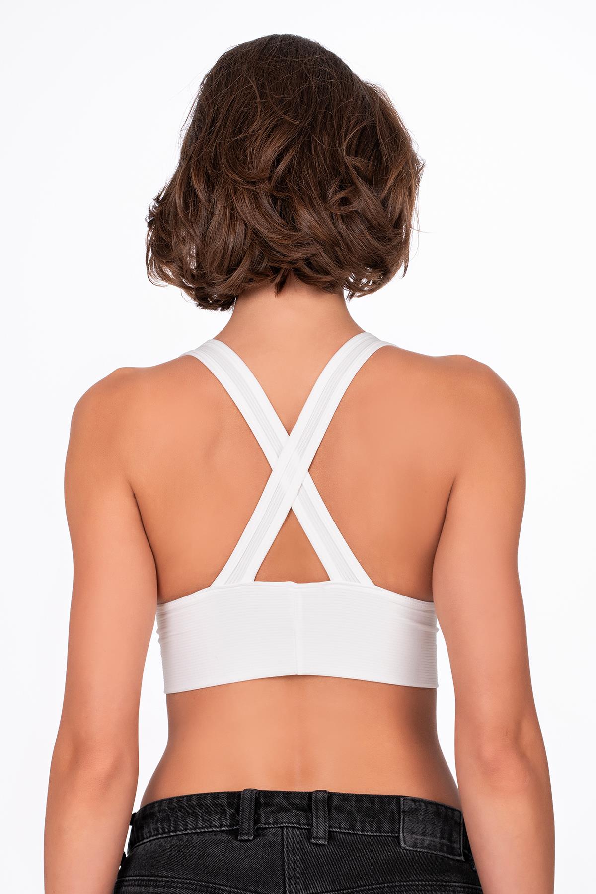 Çapraz Sırt Detay Fitilli Spor Büstiyer | Beyaz