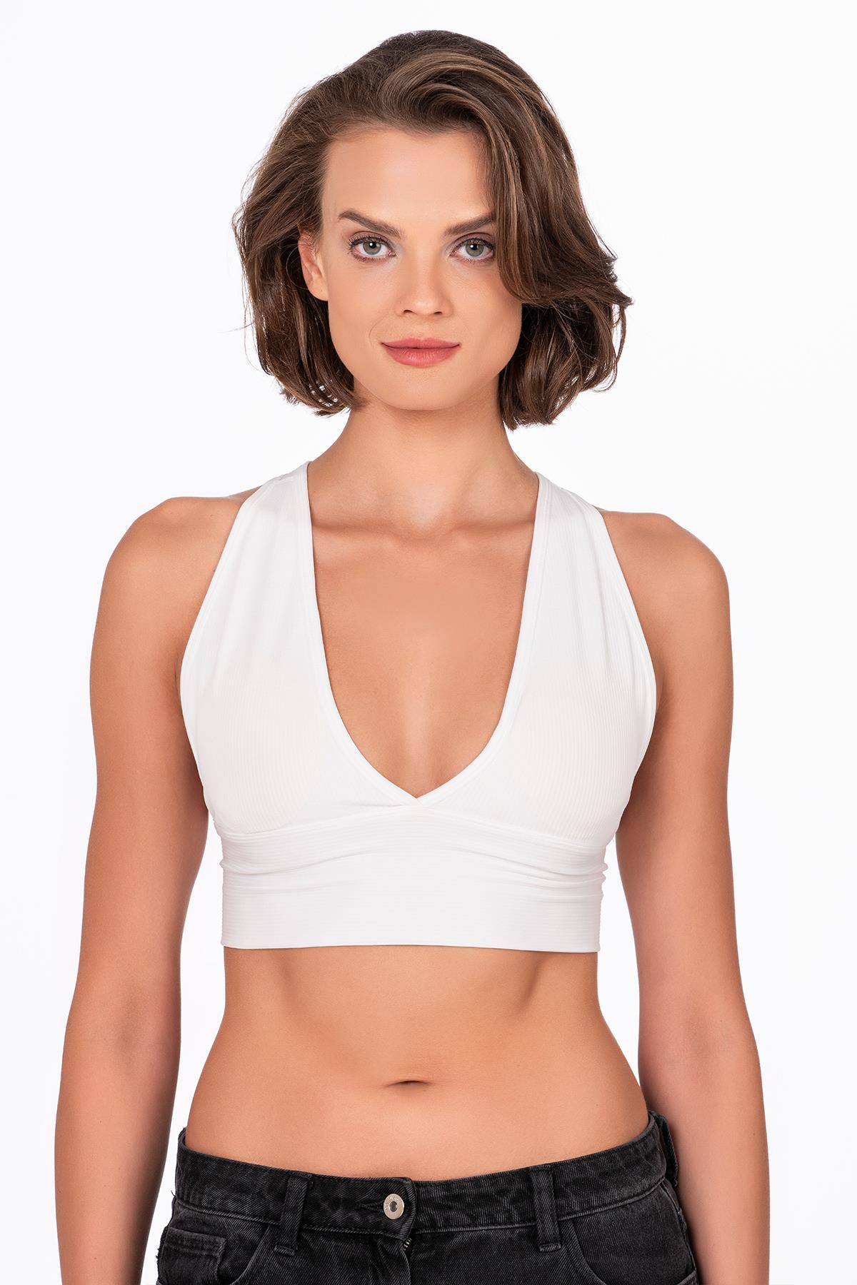 Çapraz Sırt Detay Fitilli Spor Büstiyer | Beyaz