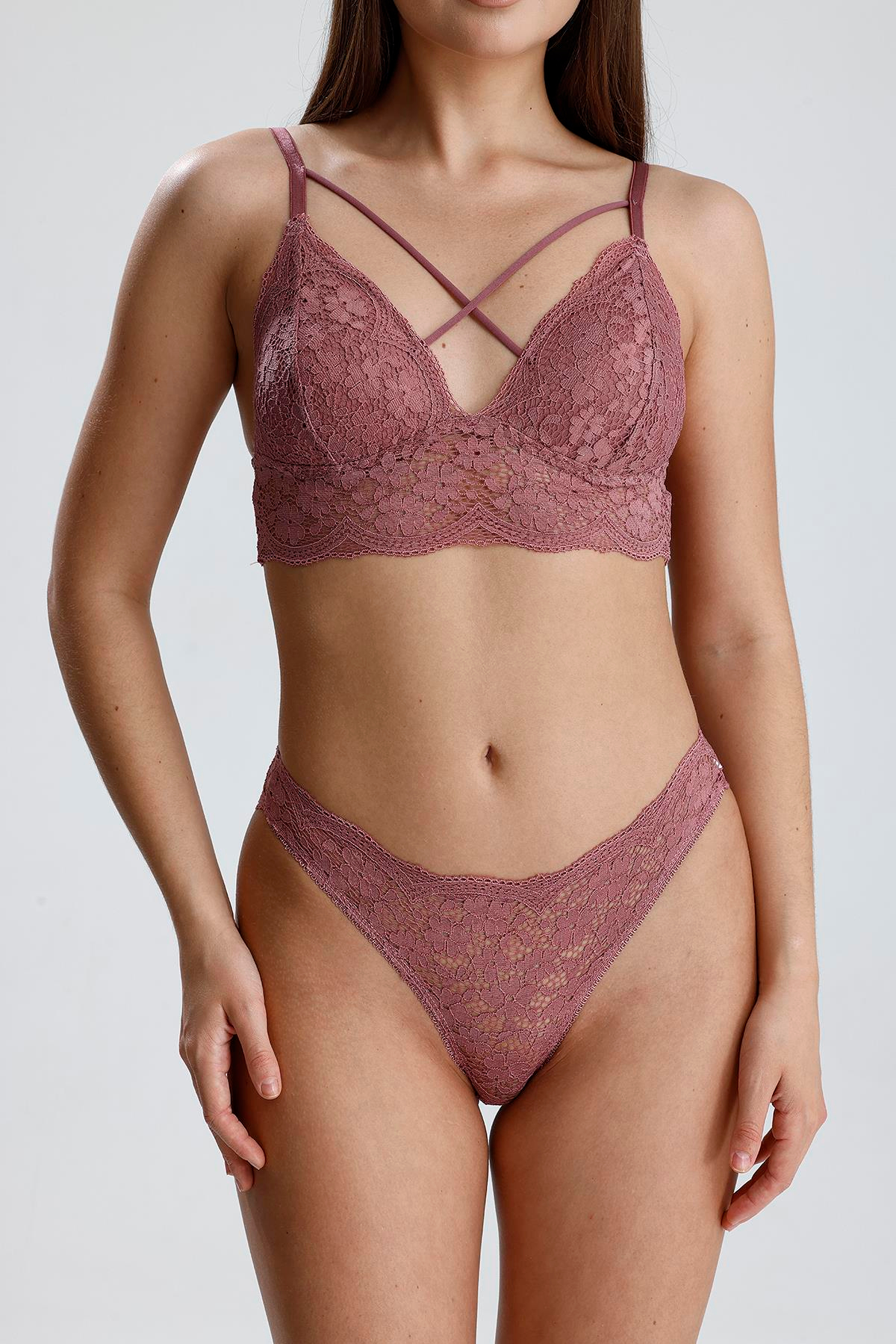 Dantel Detay Bralet Takım | Gül Kurusu 281