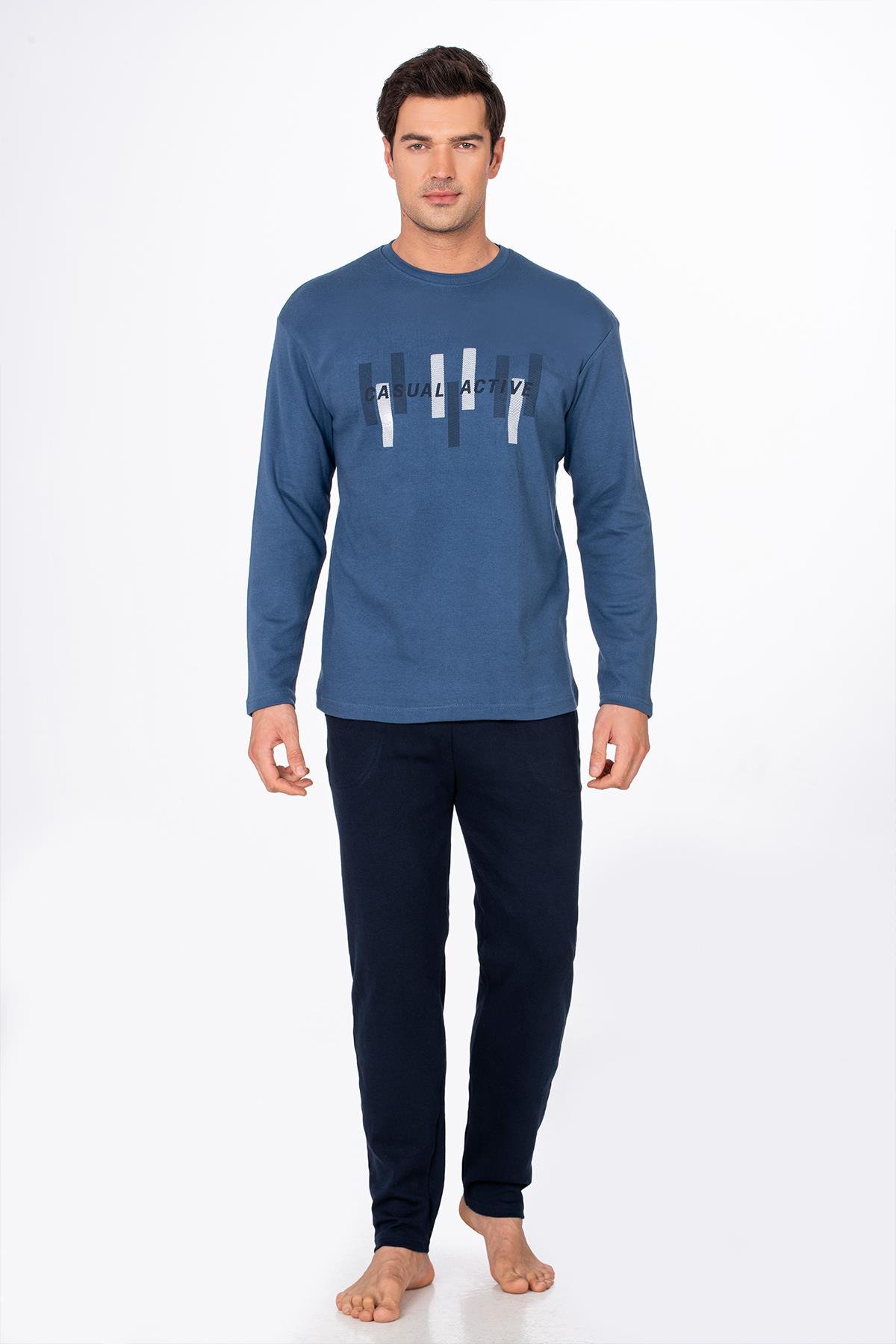 Erkek Casual Active Baskılı Pamuklu Pijama Takımı | Lacivert